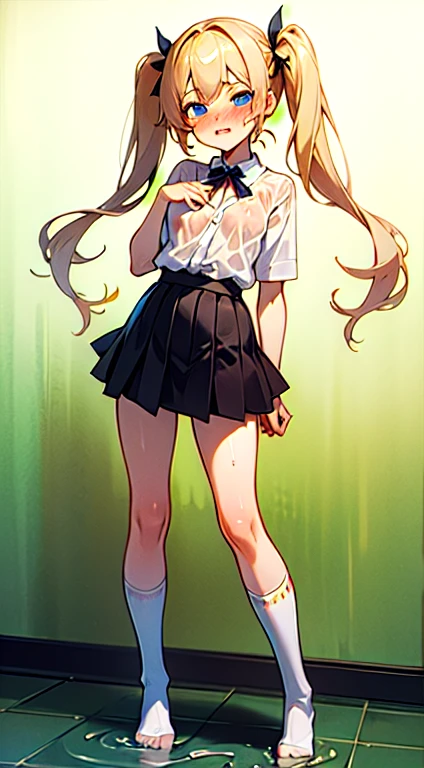 beautiful girl, cute, blue eyes, long twin tail, blonde, black skirt, sexy underwear, , not breast , tiny breast, small breast, knee-socks, wet shirt, blush, blush face, young, littull body, nipple