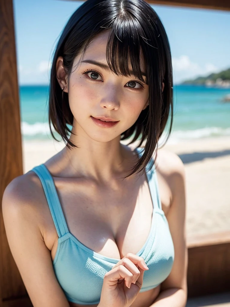 女の子1人、top-quality、realisitic、report、depth of fields、natural soft light、during daytime、魅惑的、beauitful face、Cleanliness、Pure face、de pele branca、cute hawk hair、bangss、the beach、rays of sunshine、Nedium Breast Body Esbian、((Attractive see-through costume、Golden Ratio Beauty Face、 Beautiful symmetrical face))、long neck、Put your ears out、bangssのあるきれいな短いボブヘア、Smile with your mouth closed:1.4、Smile with your mouth closed:1.4、perfect hand指、perfect hand、Perfect body、face perfect、Shine a light into the eyes、Perfect Anatomy:1.4、very cute super model:1.4、sexual:1.4