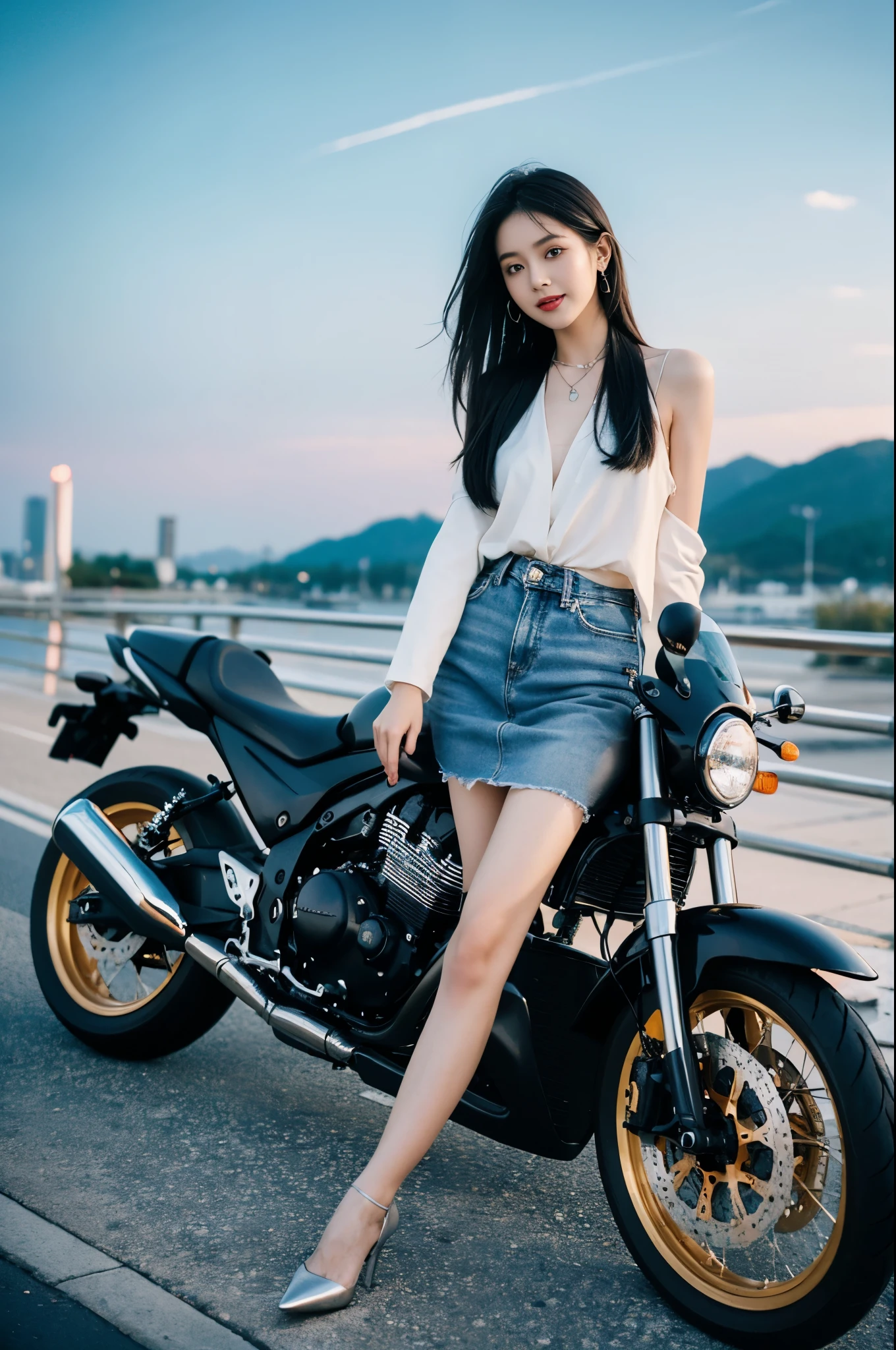 (hyper realisitc) , (illuminations), (Increase the resolution), (8K), (The is very detailed), (Best Best Illustration), (beautidful eyeest quality), (ultra - detailed), (tmasterpiece), ( Wallpapers), (Detailed faces), Sister standing next to the motorcycle,tall and slim figured,Wearing black leather jacket,Wear yours with a pair of skinny jeans,Showing off her slender legs。Her makeup is exquisiightly apply powder,Make her skin look fairer and more delicate。Her long black hair is spread over her shoulders,Gently flutter with the wind,Adds a bit of chicness and 。
Her eyes were bright and focused,the corners of your mouth rise slightly,Show a confident smile。A silver necklace is worn around his neck,Adds a bright color to the whole outfit。Wearing a pair of black high heels on her feet,Make her more upright and confident。
My sister exudes a unique temperament,Full of fashion and vitality,Without losing the femininity and gentleness。She is standing next to the motorcycle,Like a beautiful landscape,Attracting the attention of everyone around。