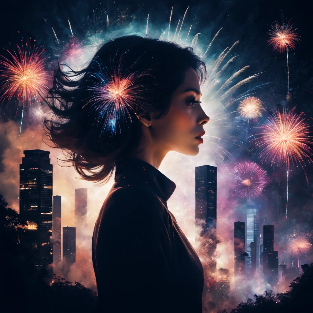 wide wide shot,Expansive night sky,new year,A grand fireworks display,woman portrait,double exposure effect,dramatic lights,Vivid colors,long exposure technology,creative composition,artsy photography,hight contrast,abstract elements,Emotionally captivating,Expressive eyes,Soft focus,vague background,Beautiful detail lips,Multiple exposures,Different Perspectives、Cidade futuristica,Silhouette of a high-rise building。distinct texture、overlapping images、A harmonious blend of themes、art story、Surreal atmosphere、Experimental Technology、imaginative exploration、artistic expression、Artistic interpretation、Creative experimentation、personal narrative、Layered composition、Ethereal aesthetics、Striking visual impact、visual depth、magic realism、Poetic atmosphere,detailed meticulous,Visual poetry
