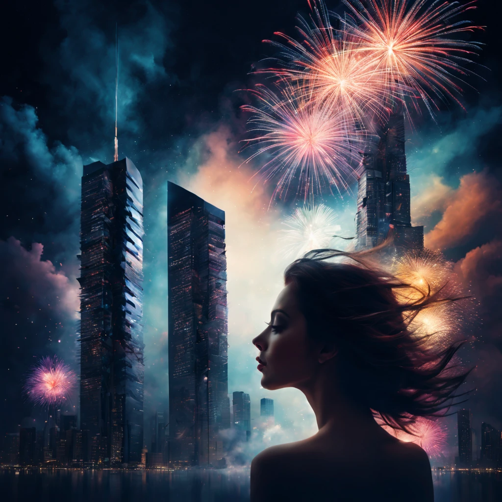 wide wide shot,Expansive night sky,new year,A grand fireworks display,woman portrait,double exposure effect,dramatic lights,Vivid colors,long exposure technology,creative composition,artsy photography,hight contrast,abstract elements,Emotionally captivating,Expressive eyes,Soft focus,vague background,Beautiful detail lips,Multiple exposures,Different Perspectives、Cidade futuristica,Silhouette of a high-rise building。distinct texture、overlapping images、A harmonious blend of themes、art story、Surreal atmosphere、Experimental Technology、imaginative exploration、artistic expression、Artistic interpretation、Creative experimentation、personal narrative、Layered composition、Ethereal aesthetics、Striking visual impact、visual depth、magic realism、Poetic atmosphere,detailed meticulous,Visual poetry
