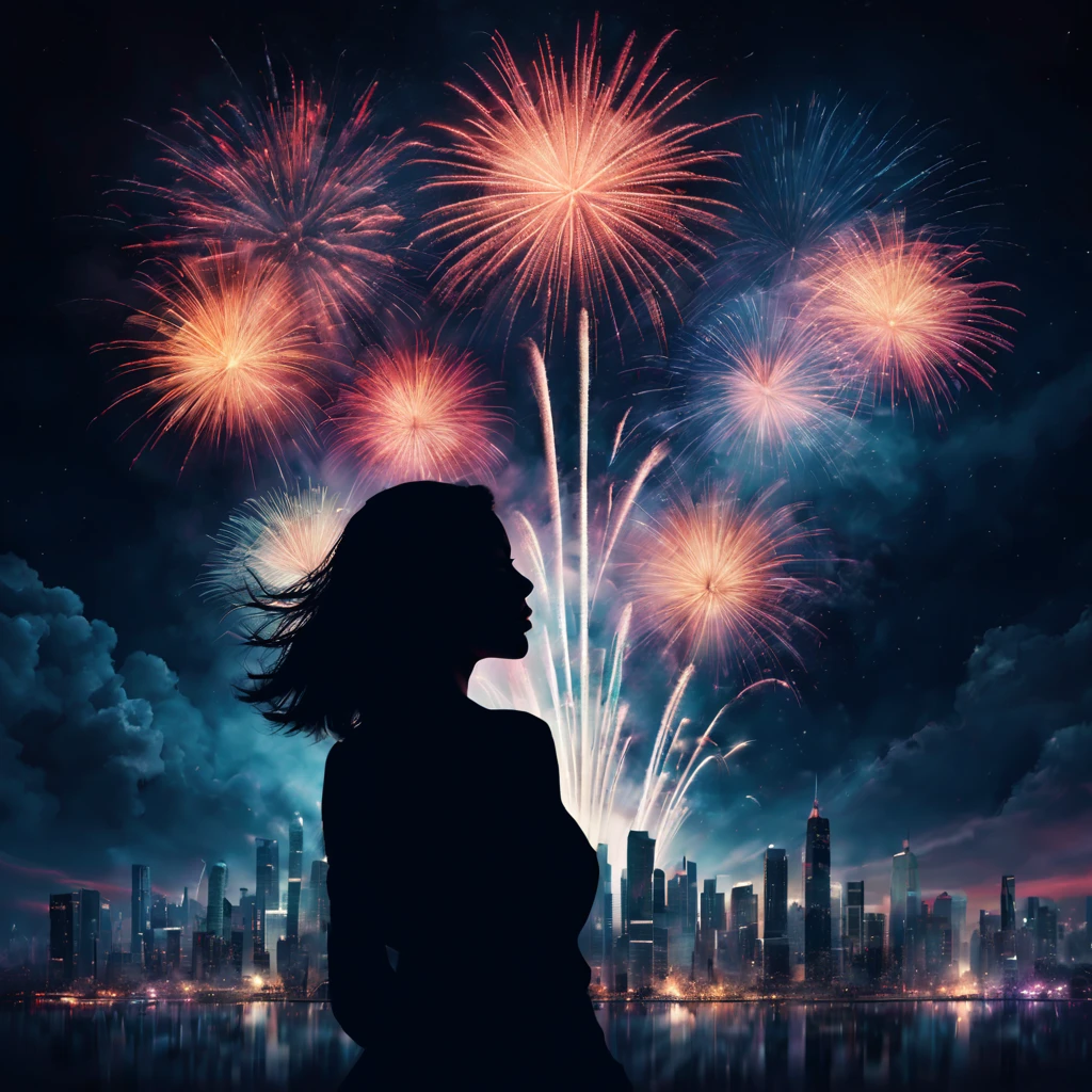 wide wide shot,Expansive night sky,new year,A grand fireworks display,woman portrait,double exposure effect,dramatic lights,Vivid colors,long exposure technology,creative composition,artsy photography,hight contrast,abstract elements,Emotionally captivating,Expressive eyes,Soft focus,vague background,Beautiful detail lips,Multiple exposures,Different Perspectives、Cidade futuristica,Silhouette of a high-rise building。distinct texture、overlapping images、A harmonious blend of themes、art story、Surreal atmosphere、Experimental Technology、imaginative exploration、artistic expression、Artistic interpretation、Creative experimentation、personal narrative、Layered composition、Ethereal aesthetics、Striking visual impact、visual depth、magic realism、Poetic atmosphere,detailed meticulous,Visual poetry