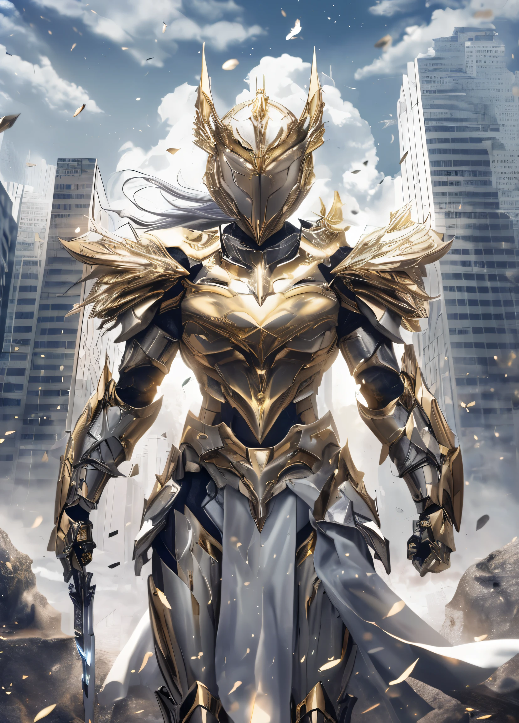 a man in armor standing in front of a city, dressed in light armor, angelic golden armor, intricate white and gold armor, gold paladin, golden armor, stunning armor, covered in full silver armor, beautiful armor, but the armor covers her face, wearing witchblade armor, heavy white and golden armor, covered in full metal armor, golden armour