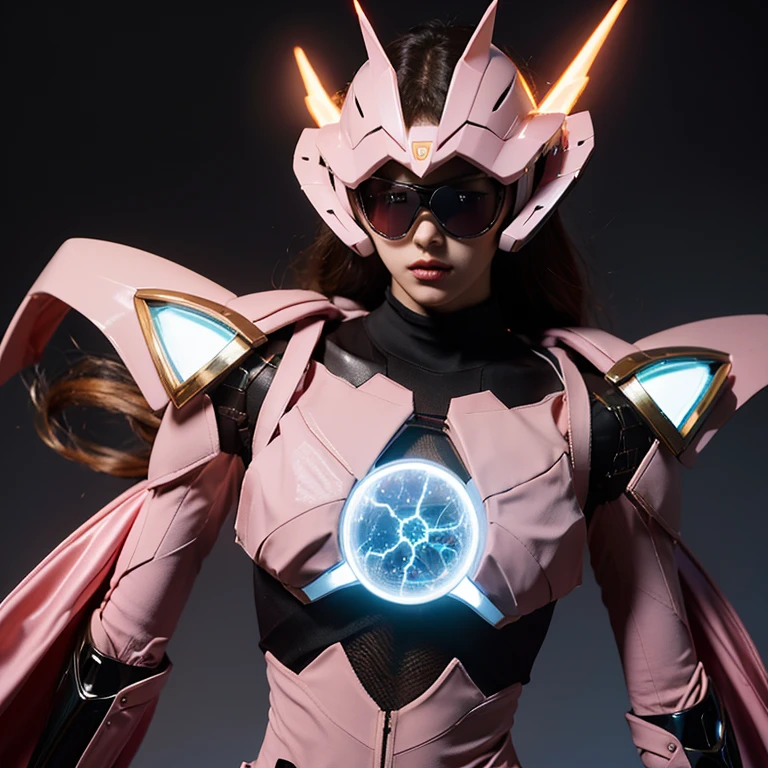scientific fiction，CG animation，，Mecha-like sexy clothes，Looks pretty，glowing hairemale: 20 years old，Pink elementeam gun in hand，Heroic