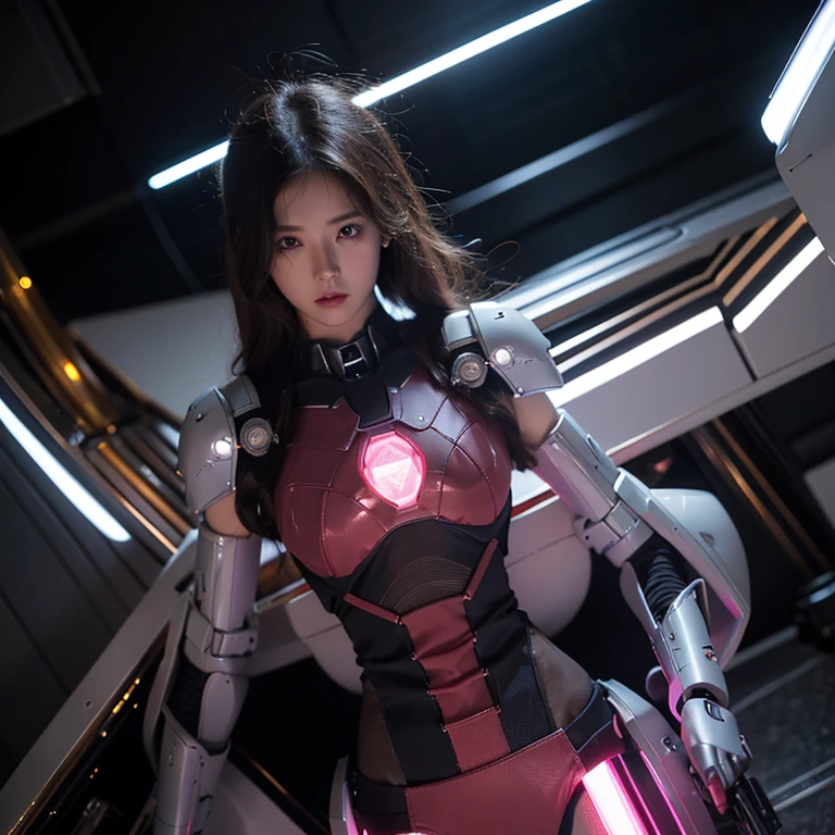 scientific fiction,CG animation,,Mecha-like sexy clothes,Looks pretty,glowing hairemale: 20 years old,Pink elementeam gun in hand,Heroic