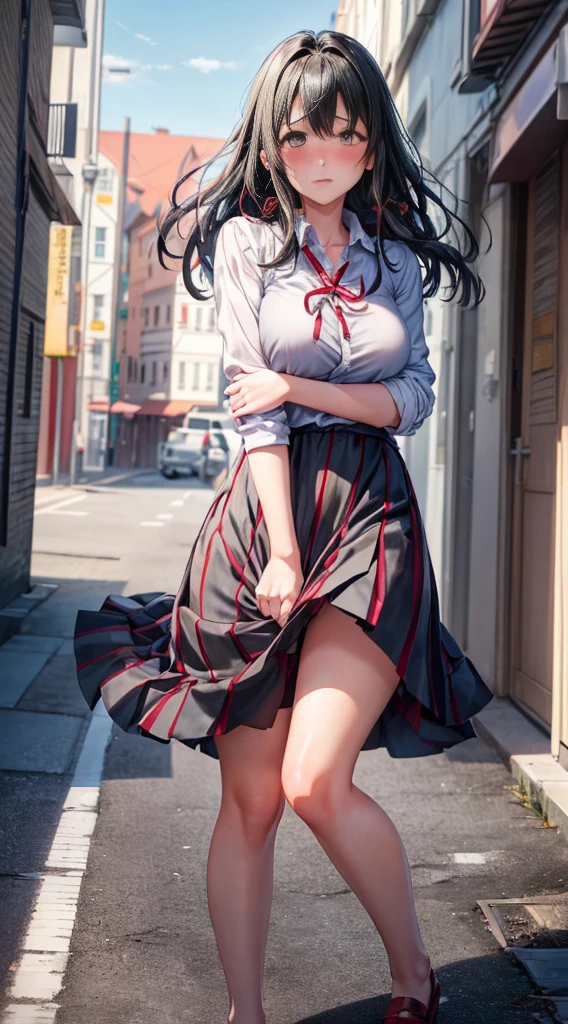 1girl as yukino yukinoshita ,black hair,Red ribbons ,((Impatient expression)),Beautiful breasts,White shirt,Red dress,well-styled,,(Facing the front)(((Blushing cheeks、embarassed expression)),(((The skirt is rolled up by the wind)))