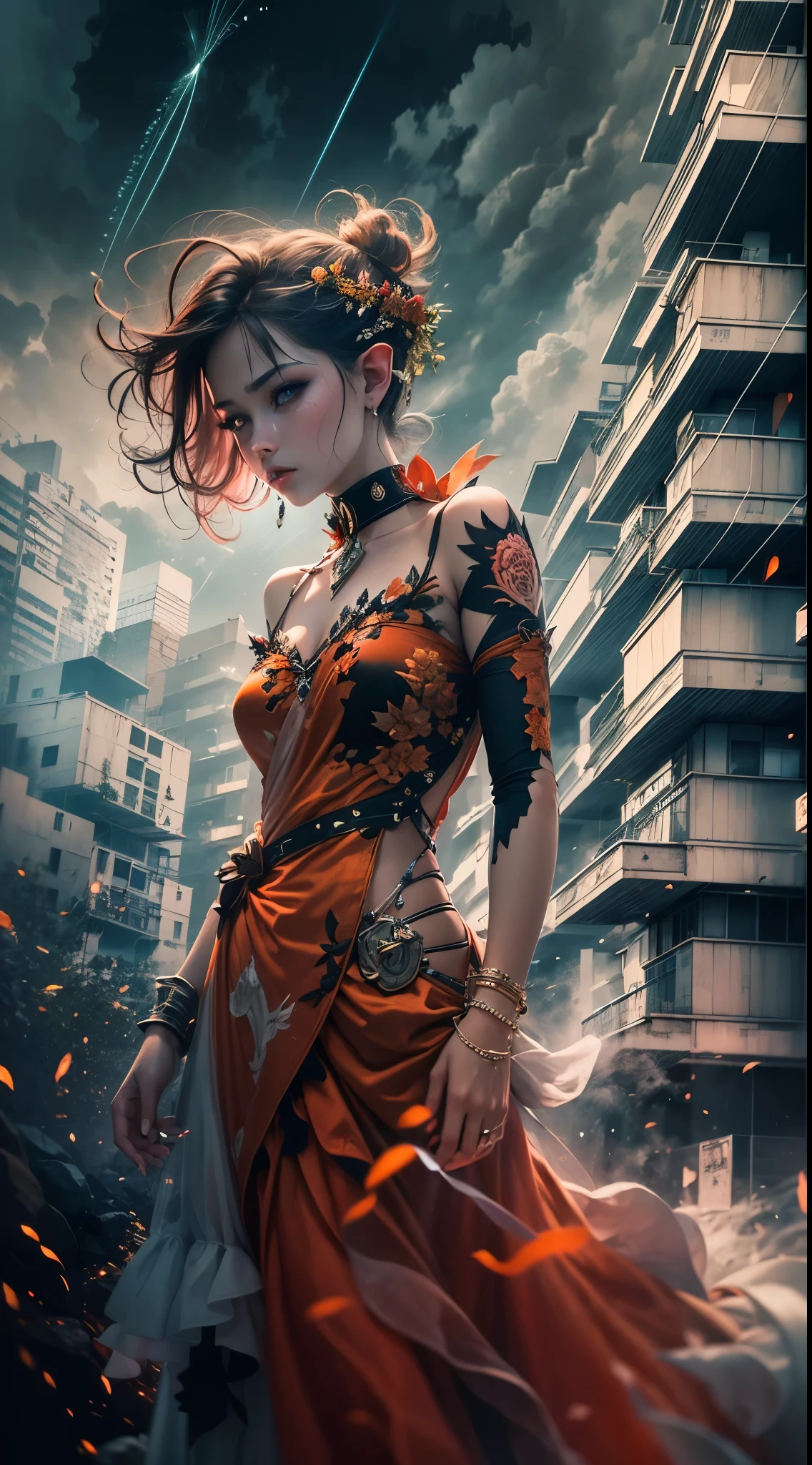 （best qualtiy，4k，8k，high rise，tmasterpiece：1.2），super-fine，（realisticlying，Foto realism，Photo fidelity：1.37），a beautiful elf queen，Spring dress，having fun，red tint，double exposure effect，dramatic lights，Vivid colors，long exposure technology，creative composition，artsy photography，hight contrast，abstract elements，Emotionally captivating，Expressive eyes，Soft focus，vague background，Beautiful detail lips，Multiple exposures，Different Perspectives、Cidade futuristica，Silhouette of a grand fireworks display。distinct texture、overlapping images、A harmonious blend of themes、art story、Surreal atmosphere、Experimental Technology、imaginative exploration、artistic expression、Artistic interpretation、Creative experimentation、personal narrative、Layered composition、Ethereal aesthetics、Striking visual impact、visual depth、magic realism、Poetic atmosphere，detailed meticulous，Visual poetry