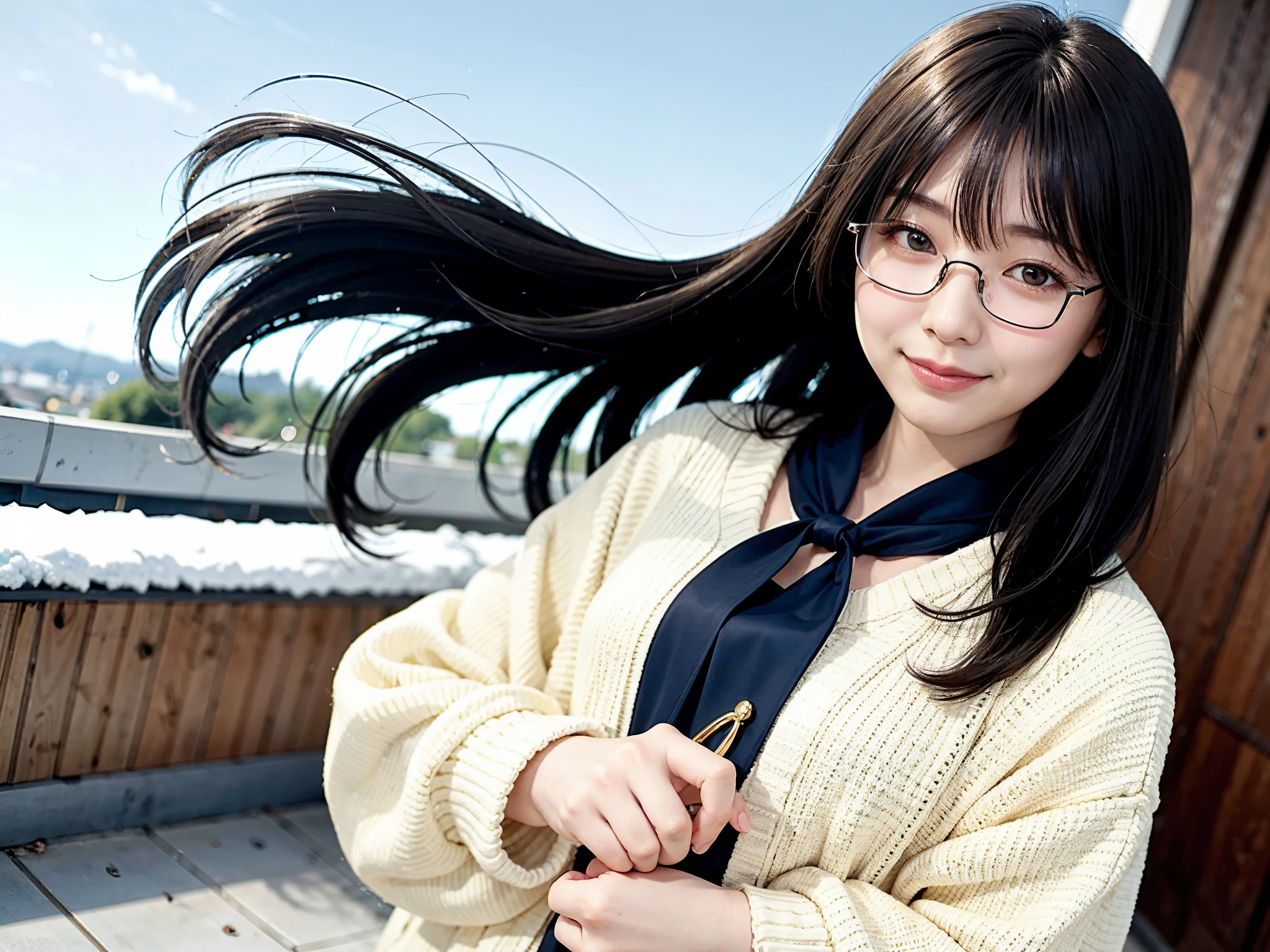 真冬のtag本の街でロングコートを着てポーズをとる女性、She wears a navy scarf around her neck.、top-quality、女の子 1 人、Small chest、tag、发光、blur backgroun、Bokeh、outside of house、(Street:0.8)、Woman with glasses、Glasses with a thin frame、Round lens glasses、Thin golden glasses frame、、Luxury(Short hair、Forehead:1.2)、snowscape、Beautiful sky with details、(dynamicposes:1.2)、 (The upper part of the body:0.5)、Soft lighting、the wind、glowy skin、A smile、Long coat over sweater