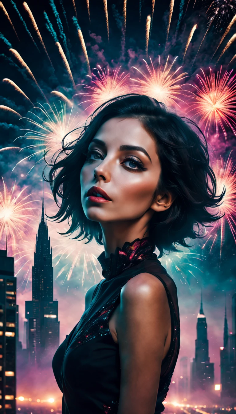 wide wide shot,Expansive night sky,new year,A grand fireworks display,woman portrait,double exposure effect,dramatic lights,Vivid colors,long exposure technology,creative composition,artsy photography,hight contrast,abstract elements,Emotionally captivating,Expressive eyes,Soft focus,vague background,Beautiful detail lips,Multiple exposures,Different Perspectives、Cidade futuristica,Silhouette of a high-rise building。distinct texture、overlapping images、A harmonious blend of themes、art story、Surreal atmosphere、Experimental Technology、imaginative exploration、artistic expression、Artistic interpretation、Creative experimentation、personal narrative、Layered composition、Ethereal aesthetics、Striking visual impact、visual depth、magic realism、Poetic atmosphere,detailed meticulous,Visual poetry