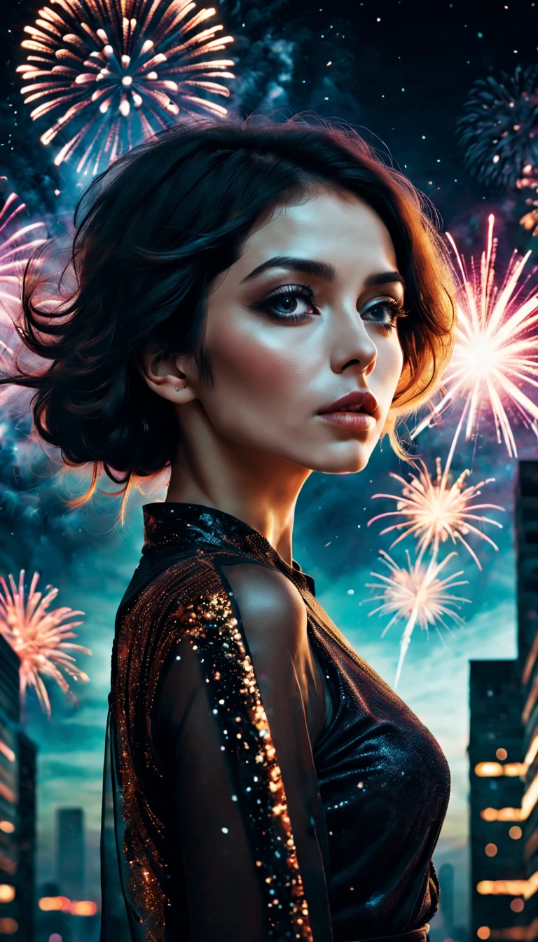 wide wide shot，Expansive night sky，new year，A grand fireworks display，woman portrait，double exposure effect，dramatic lights，Vivid colors，long exposure technology，creative composition，artsy photography，hight contrast，abstract elements，Emotionally captivating，Expressive eyes，Soft focus，vague background，Beautiful detail lips，Multiple exposures，Different Perspectives、Cidade futuristica，Silhouette of a high-rise building。distinct texture、overlapping images、A harmonious blend of themes、art story、Surreal atmosphere、Experimental Technology、imaginative exploration、artistic expression、Artistic interpretation、Creative experimentation、personal narrative、Layered composition、Ethereal aesthetics、Striking visual impact、visual depth、magic realism、Poetic atmosphere，detailed meticulous，Visual poetry