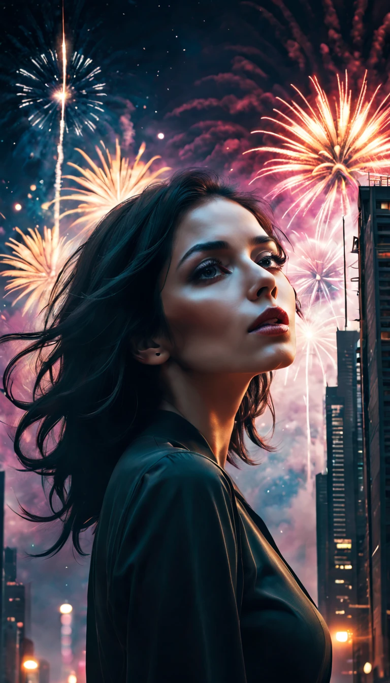 wide wide shot，Expansive night sky，new year，A grand fireworks display，woman portrait，double exposure effect，dramatic lights，Vivid colors，long exposure technology，creative composition，artsy photography，hight contrast，abstract elements，Emotionally captivating，Expressive eyes，Soft focus，vague background，Beautiful detail lips，Multiple exposures，Different Perspectives、Cidade futuristica，Silhouette of a high-rise building。distinct texture、overlapping images、A harmonious blend of themes、art story、Surreal atmosphere、Experimental Technology、imaginative exploration、artistic expression、Artistic interpretation、Creative experimentation、personal narrative、Layered composition、Ethereal aesthetics、Striking visual impact、visual depth、magic realism、Poetic atmosphere，detailed meticulous，Visual poetry