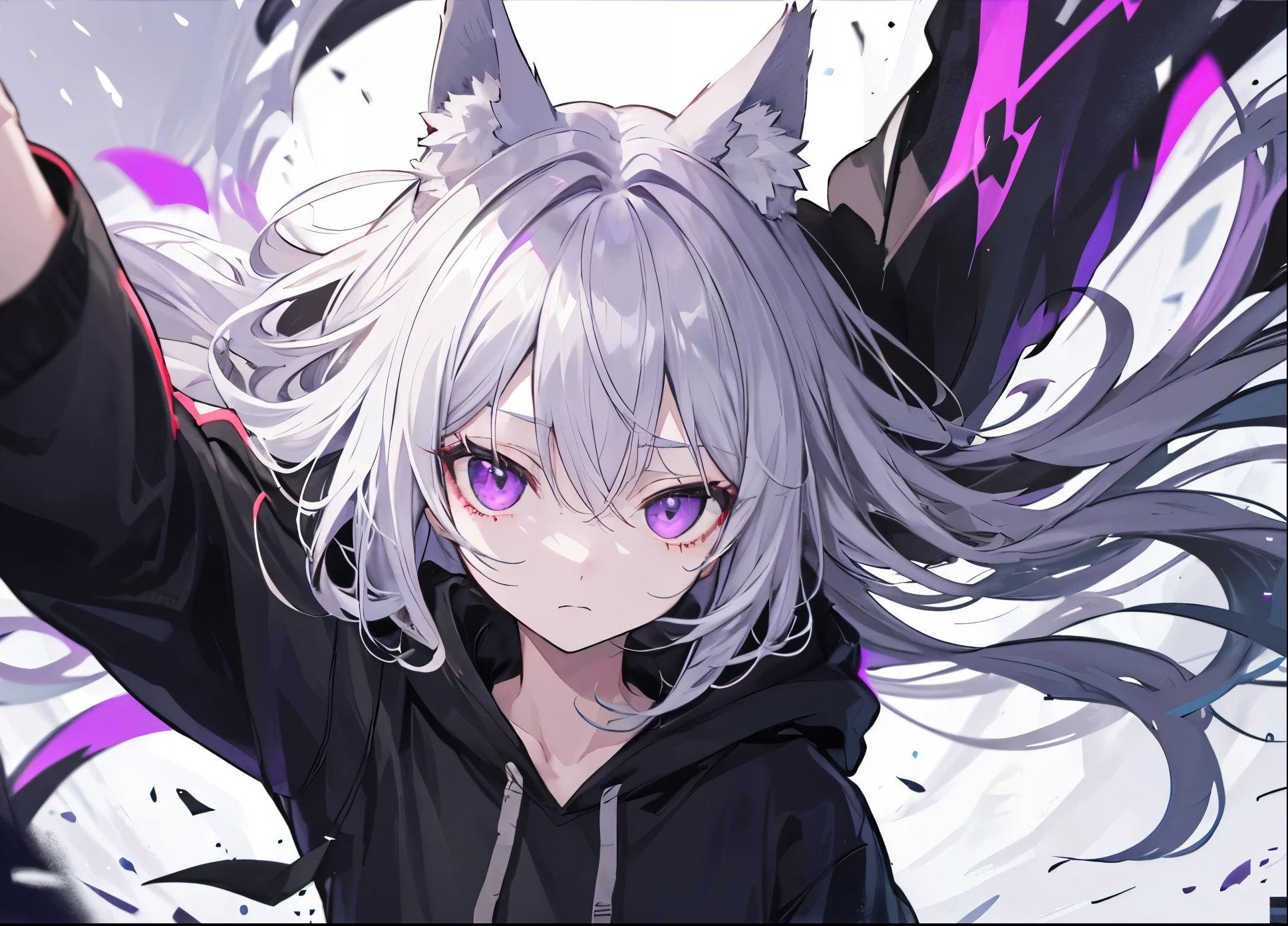 ((Best Quality)), facing front, in the middle, a wolf-girl with suspended eyes, wearing a black hoodie with a hood over it, a forlorn expression, gray hair and animal ears, purple eyes. The back is black. The wind is blowing and her hair is fluttering. Night.