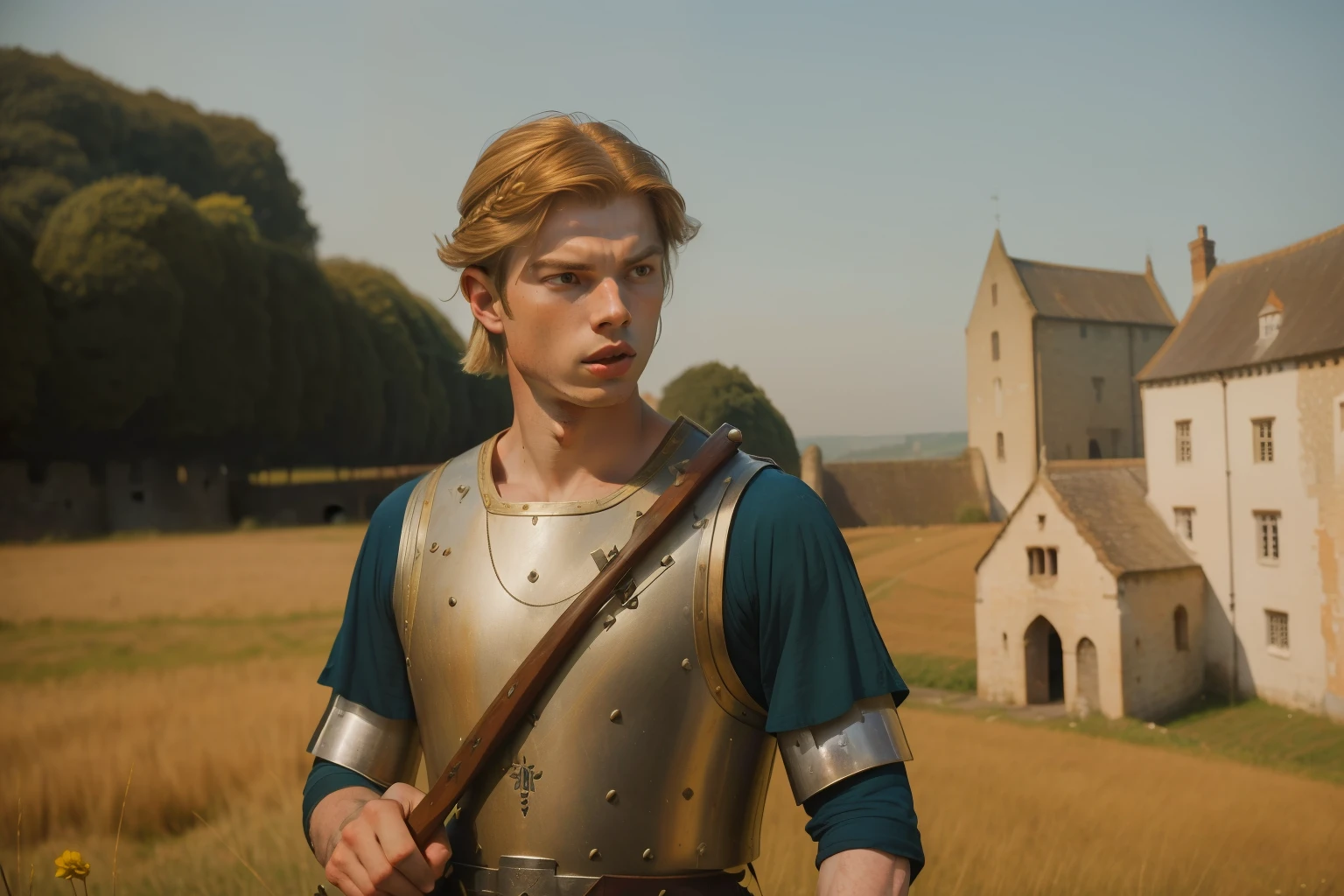 1152, Shiring, England. Otherworldly scene outside a medieval mill, ((((35-year-old)) Hunter Parrish)), count, sword, figthing, injured, ((furious expression)), indignated, ((((tunic from the 12th century)))), ((Hairstyle of the 12th century)), ((Wes Anderson cinematic style)), colorful