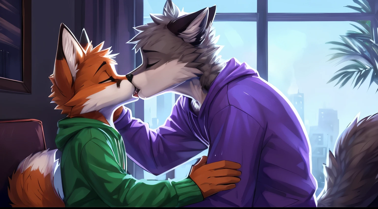 (vertical view:1.5), assisted exposure, explict content, uploaded on e621, (extremely detailed:1.3), 2boys, 2species duo, (duo focus:1.2), (kissing:1.3), (furry body), (male:1.5), (a lot of fur), (emotional:1.4), (leaning against object:1.4) furry, fox with yellow fur, cat with gray fur, hand holding couple, cat kissing fox, femboy, (causal exposure:1.6), (fur:1.7), 2boys, cat, inside a room, fox, sparkles, teeth, open mouth, hug tightly, Masterpiece, best quality, passionate kiss, fox kissing with a cat, detailed lighting, detailed body, detailed fur, detailed, high stockings, fox with green sweatshirt, cat with purple sweatshirt, by Zackary911,