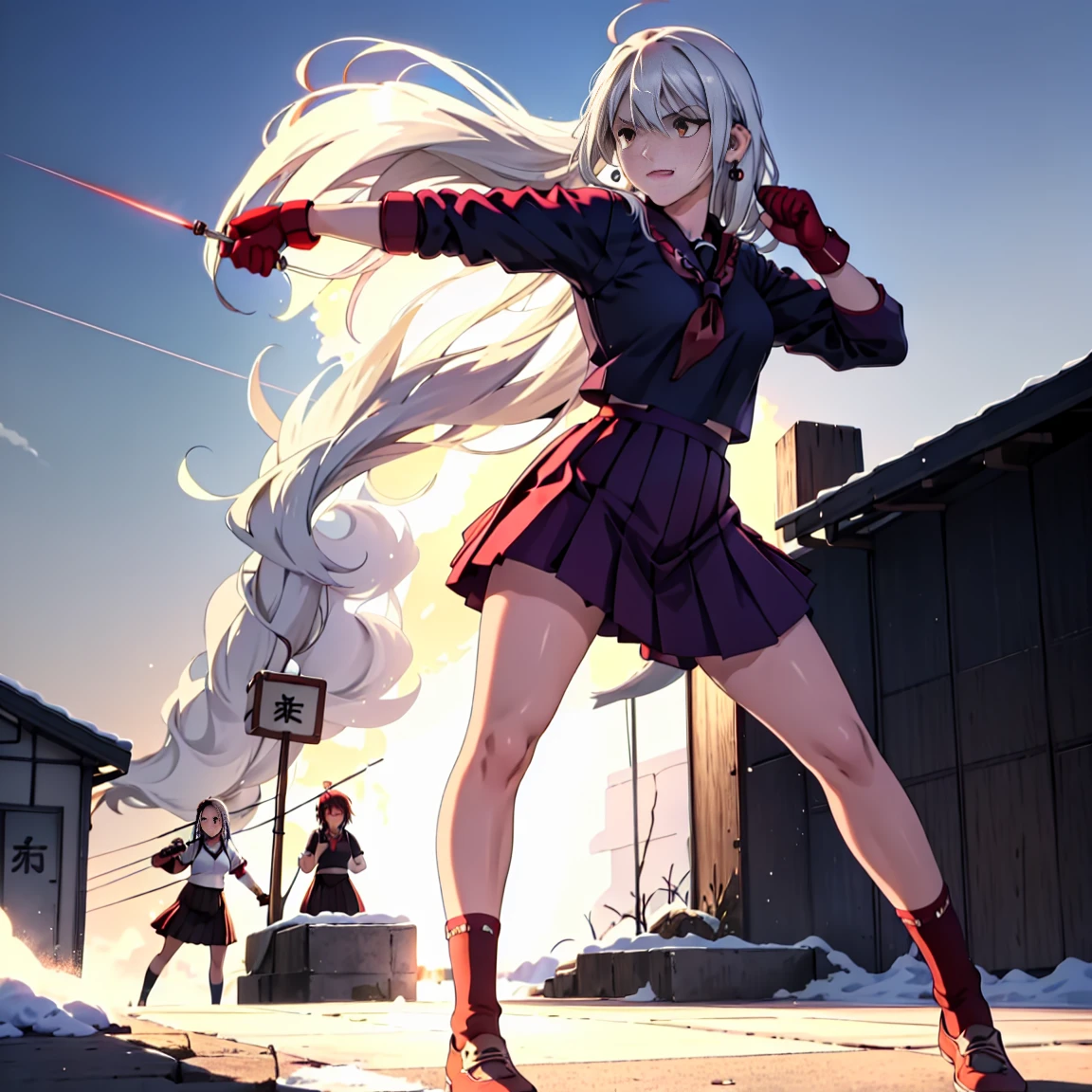 sukeban illyasviel_von_einzbern, mature_female, silver hair, holding yoyo, combat pose, full body, flowing hair, hair between the eyes, asymmetrical hair, red eyes, delicate facial features, sukeban deka clothe, looking_at_viewer, outdoors, background tokyo, ((solo, solo focus, solo girl,1girl))+++++,woman in a 80's sukeban seifuku standing on a set of strees, black school uniform, 80's japanese sukeban photo, sukeban seifuku, 80's japan, sukeban, long black skirt, red converse, full body, light skin tone female, full body, tape, arm_support, gloves, red_gloves, bridal gauntlets, blackred_footwear, fighter outfit, full body, hourglass, mature face, cheeky smile, cheeky face, wrinkles,( silver long hair, earrings, ear piercings), realistic, (fighting art, Martial arts, standing, fighting_stance, fight, fighting), extra colors, 2D, megapixel, perfectionism, accent lighting, full HD , 4K, masterpiece, empty red eyes