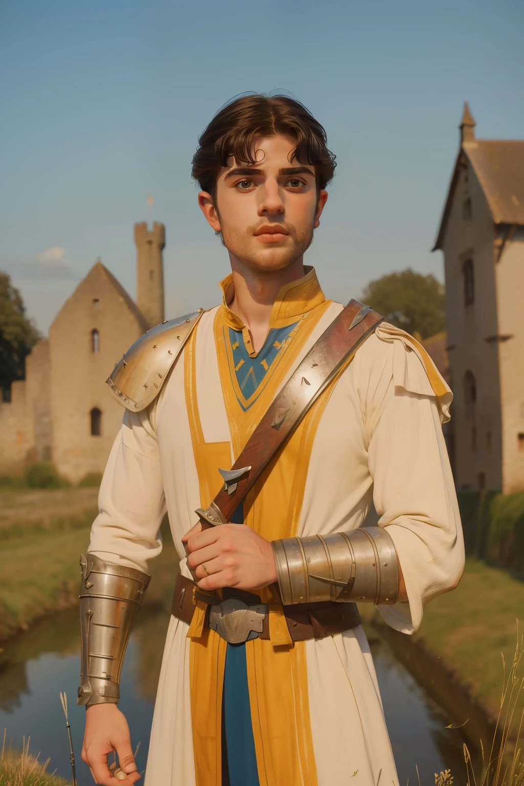 1152, Shiring, England. Otherworldly scene outside a medieval mill, ((((29-year-old)) Matthew Daddario)), knight, sword, figthing, ((victorious expression)), ((((tunic from the 12th century)))), ((Hairstyle of the 12th century)), ((Wes Anderson cinematic style)), colorful