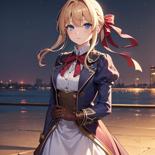 violetevergarden, violet evergarden, blonde hair, blue eyes, hair ribbon, ribbon, short hair, braids, hair braids, red ribbon,
BREAK blue jacket, brown gloves, cropped jacket, dress, gloves, green brooch, jacket, juliet sleeves, long sleeves, puffy sleeves, white dress,
BREAK outdoors, city,
BREAK looking at viewer, (cowboy shot:1.5),
BREAK (masterpiece:1.2), best quality, high resolution, unity 8k wallpaper, (illustration:0.8), (beautiful detailed eyes:1.6), extremely detailed face, perfect lighting, extremely detailed CG, (perfect hands, perfect anatomy),