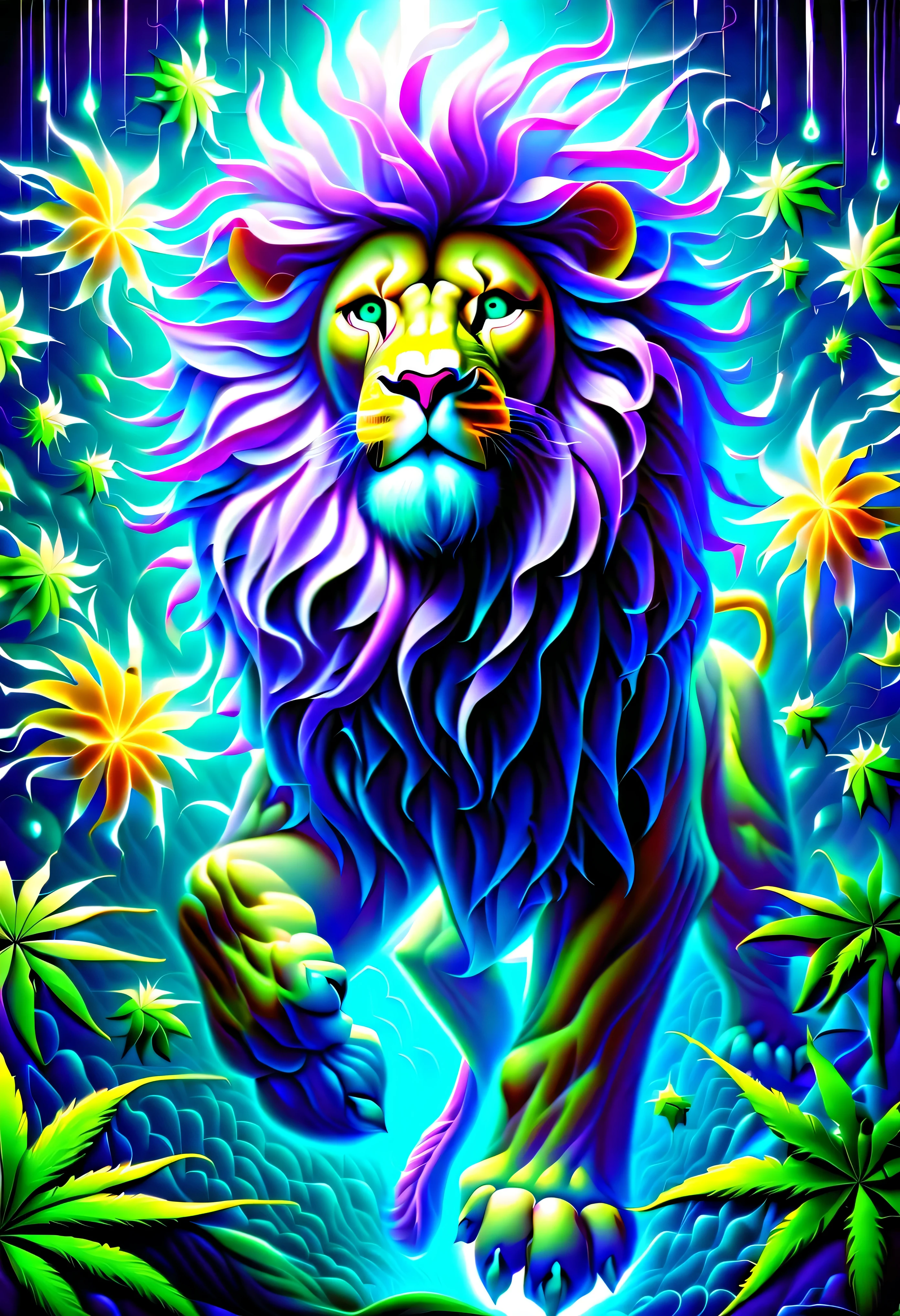 pintura cgi abstrata, epic surreal a full body Lion leaping with divine aura , divino, folhas de cannabis de fantasia sombria, beauty glow neuron fruit, juba dreadlock bioluminescentes ao redor, mundo escuro do mundo maravilhoso, bioluminescent radiation, many smoke have a vision, vision of many cynicisms, loucura, frenesi, flor louca, arrebatamento, brilho do fanatismo, oil painting, spatula and brush strokes supplement, intrincado, maluco, brilho de beleza assustador, Alto contraste, profundidade do mar inspirada, cores escuras ricas, alta pintura cgi abstrata, epic surreal a Lion with divine aura , divino, plantas de fantasia sombria, beauty glow neuron fruit, juba dreadlock bioluminescentes ao redor, mundo escuro do mundo maravilhoso, bioluminescent radiation, many smoke have a vision, vision of many cynicisms, loucura, frenesi, flor louca, arrebatamento, brilho do fanatismo, oil painting, spatula and brush strokes supplement, intrincado, maluco, brilho de beleza assustador, Alto contraste, profundidade do mar inspirada, cores escuras ricas, high resolution, hyper realistic, trabalho de pincel de detalhe, stunning intricate detail rendering in 8k, alta qualidade, qualidade superior, best quality, Verdadeira Obra-Prima, Masterpiece Lighting, cinematic angle, piso de vidro, ( Lion), (very purple neon) resolution, hyper realistic, trabalho de pincel de detalhe, stunning intricate detail rendering in 8k, alta qualidade, qualidade superior, best quality, Verdadeira Obra-Prima, Masterpiece Lighting, cinematic angle, piso de vidro, ( Lion), (very purple neon)