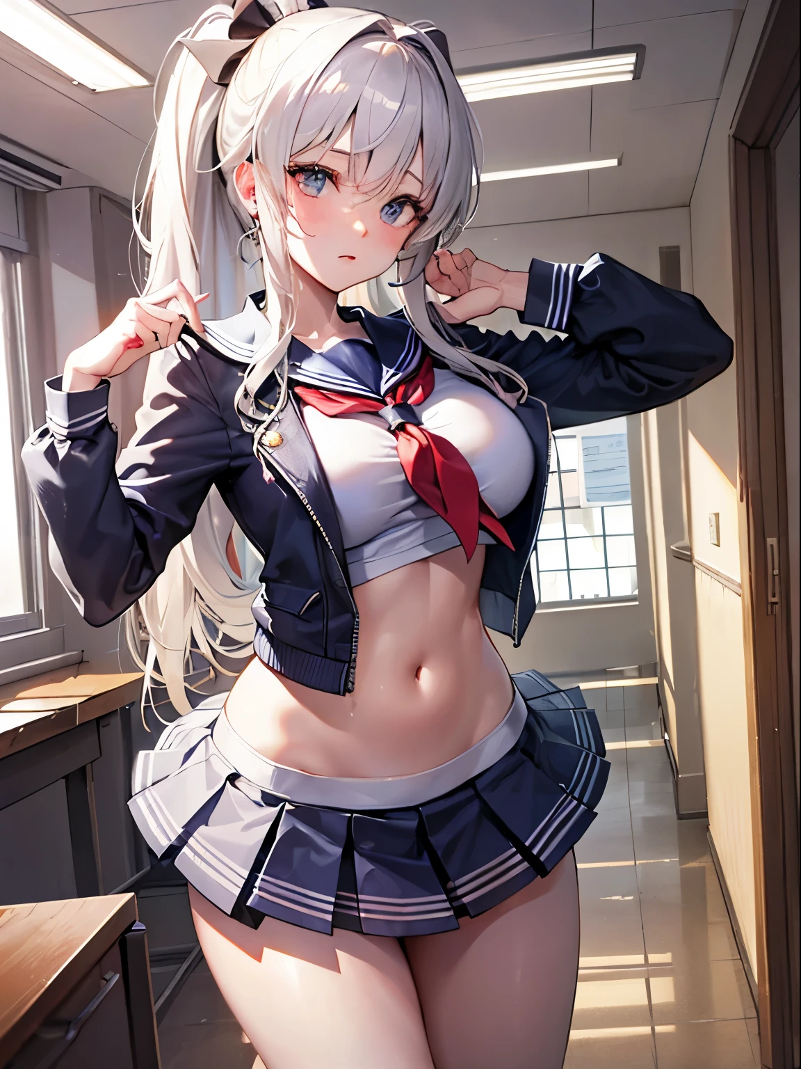 top-quality、realistic touch,high-detail、photoRealstic、thin-waist、captive beauty、big eye、solid platinum-blonde eyelashes、platinum-blonde、full body Esbian、Sparkling eyes, cheeks flushed、thin-waist、In the classroom of the school、She is in estrus、a sailor suit、cocky expression、Super short skirt with V-line visible、Sleeveless、Navel look、small tits、Ponytail hair style、a sailor suit that is extremely short in length、Black thigh socks、Colossal tits、big butts、Camera angle from below、Big breasts visible between uniform and stomach、