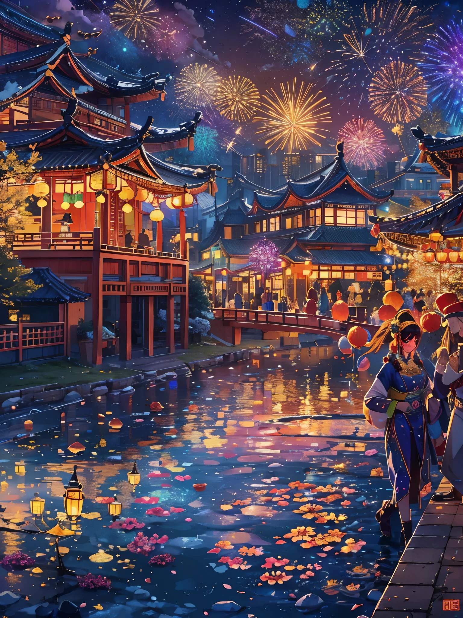 at winter season，new year，(couple:1.1)，city night scene，(Buildings:1.3)，(lamplight辉煌)，lamplight，starry sky river，gorgeous color，wonderland，The fragrance of blooming flowers，professinal摄影师，High quality wide angle lens，Capture moments and details，Angle and focus adjustments，Sturdy tripod，remote control，Photo stability and sharpness，Holiday celebration，(Chinese city:1.2)，Brilliant and colorful colors，Gorgeous form，fairy tale scene，Fireworks eruption and bloom，Beautiful fireworks in the night sky，Stunning and spectacular，Celebrate the holidays together，Festive atmosphere，Happy mood，Leave memories of city celebrations，（Ultra-high saturation:1.5，Best Picture Quality，8k，k hd，tmasterpiece:1.2，ultra - detailed，realisticlying，Photoreal:1.rofessinal，vivd colour，UHD，工作室lamplight，Ultra-fine painting，Focus Clear，physically-based renderingt，Extremely detailed description）