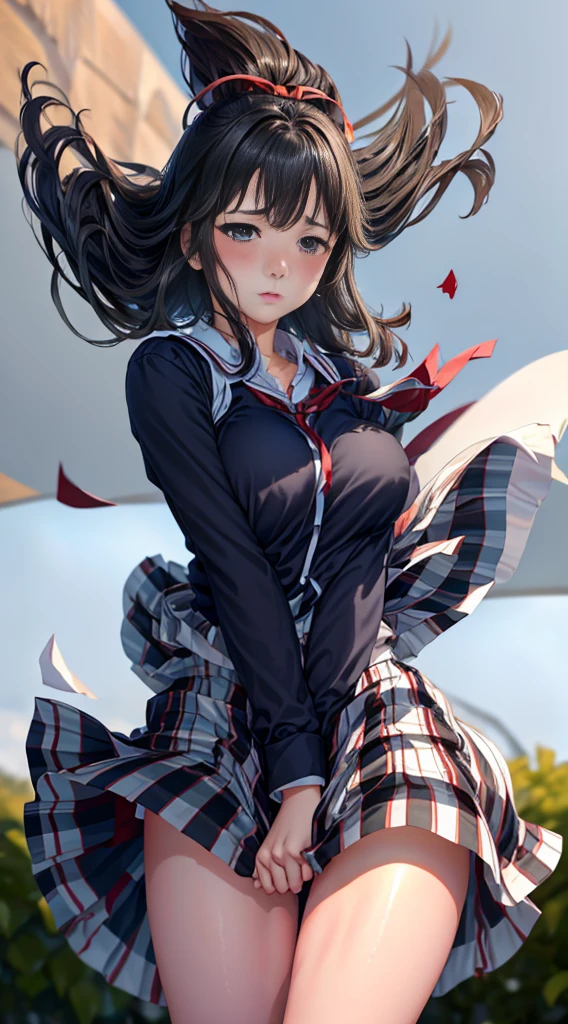 1girl as yukino yukinoshita ,black hair,Red ribbons ,((Impatient expression)),Beautiful breasts,White shirt,pleated skirt ,well-styled, (Facing the front)(((Blushing cheeks、embarassed expression)),(((The skirt is rolled up by the wind)))
