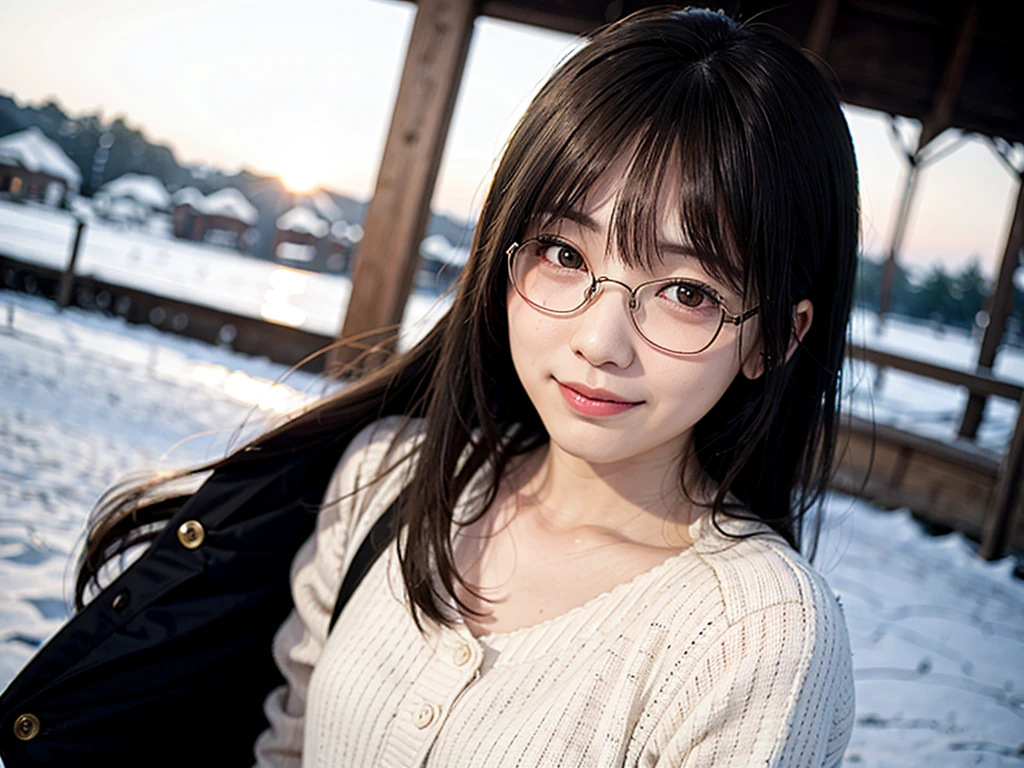 真冬のtag本の街でロングコートを着てポーズをとる女性、top-quality、女の子 1 人、Small chest、tag、发光、blur backgroun、Bokeh、outside of house、(Street:0.8)、Woman with glasses、Glasses with a thin frame、Round lens glasses、Thin golden glasses frame、、Luxury(Short hair、Forehead:1.2)、snowscape、Beautiful sky with details、(dynamicposes:1.2)、 (The upper part of the body:0.5)、Soft lighting、the wind、glowy skin、A smile、Long coat over sweater