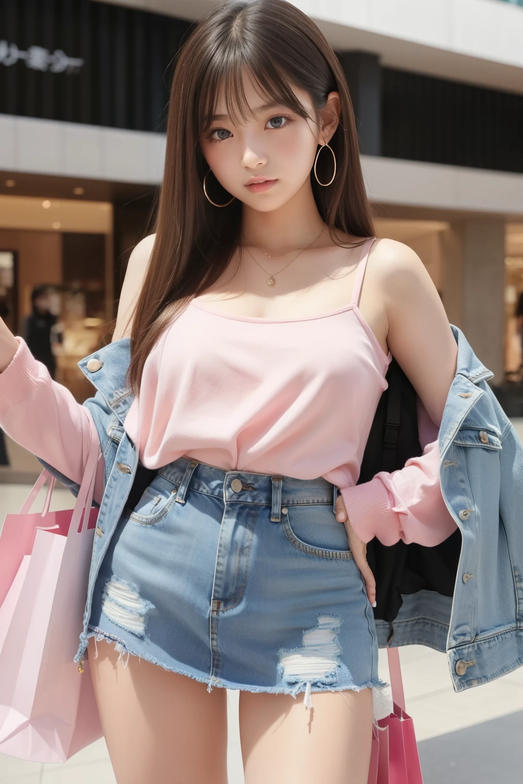 A 12-year-old girl、pink camisole and denim miniskirt、、shopping mall、full bodyesbian