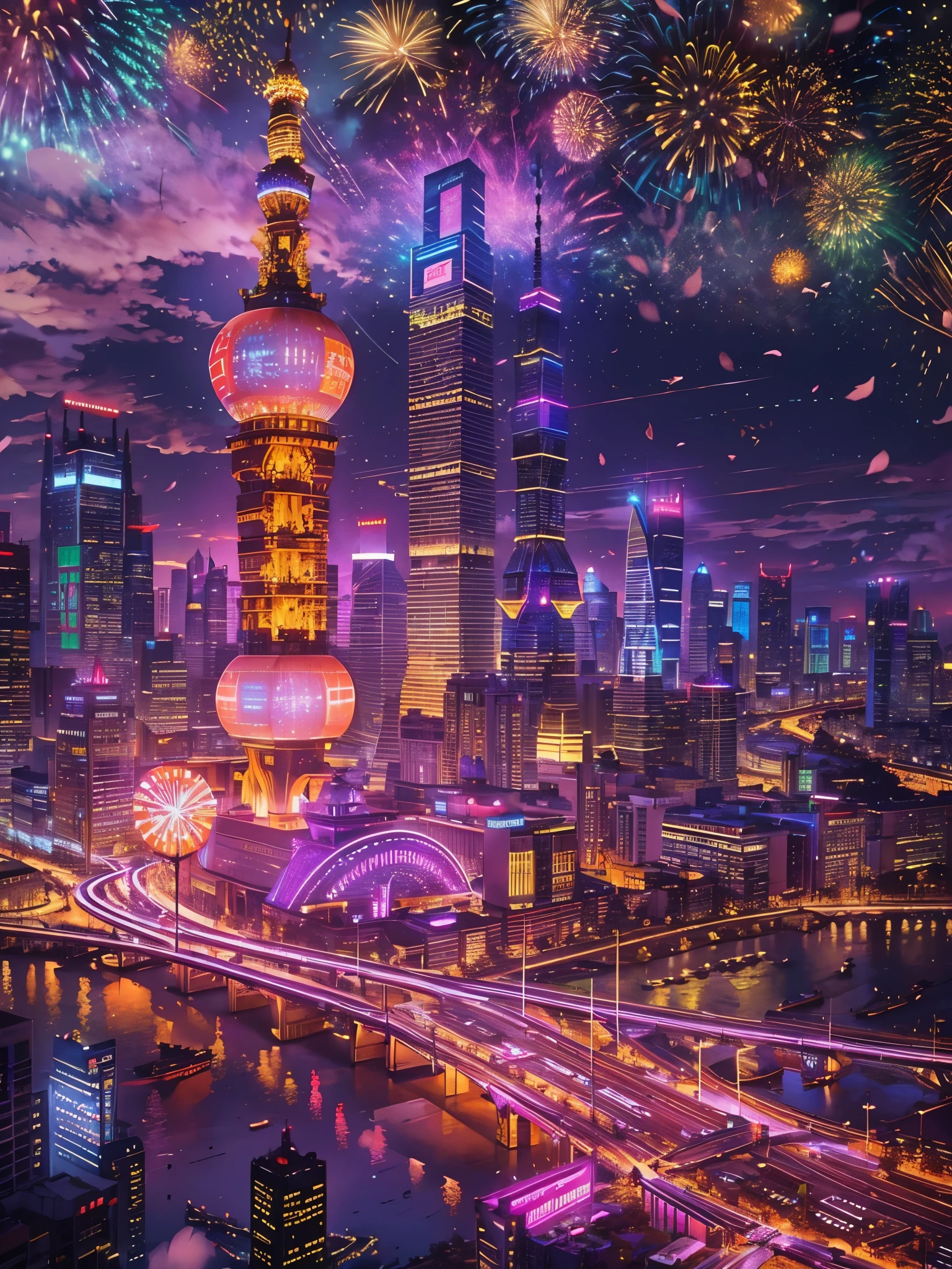 at winter season，new year，(couple:1.2)，city night scene，(Buildings:1.3)，(Brilliantly lit)，lamplight，starry sky river，gorgeous color，wonderland，The fragrance of blooming flowers，professinal摄影师，High quality wide angle lens，Capture moments and details，Angle and focus adjustments，Sturdy tripod，remote control，Photo stability and sharpness，Holiday celebration，(Shanghai, China，skyscrapper:1.2)，Brilliant and colorful colors，Gorgeous form，fairy tale scene，(Fireworks eruption and bloom，Beautiful fireworks in the night sky，Stunning and spectacular)，Celebrate the holidays together，Festive atmosphere，Happy mood，Leave memories of city celebrations，（Ultra-high saturation:1.5，Best Picture Quality，8k，k hd，tmasterpiece:1.2，ultra - detailed，realisticlying，Photoreal:1.rofessinal，vivd colour，UHD，工作室lamplight，Ultra-fine painting，Focus Clear，physically-based renderingt，Extremely detailed description）