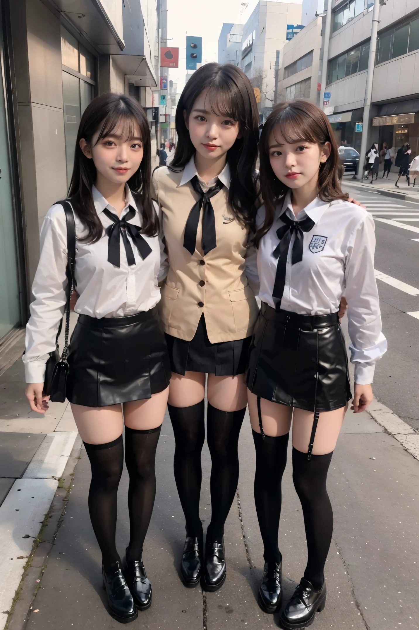 ((３full body photography of a person))、street snap、With a baby face wearing a micro miniskirt((Tall))There are 3 gal women of、(3 girls)、(japanese gal)、Phenomenally cute schoolgirl、skinny fit uniform、Winter clothes、Japanese school black uniform、(big g cup breasts)、(The shirt opens on the chest, exposing a lot of cleavage.)、Surreal、Wearing a dark blue uniform、full body Esbian、Nice skin、glistning skin、lovely thighs、((long legged))、((wide thighs))、((Micro Mini Skirt))、With garter、(Black Garter Stockings)、(((all hands)(膝上の薄いBlack Garter Stockingsを絶対履いています)))、(I&#39;m wearing high heeled leather shoes)、乃木坂アイドル、韓国アイドル、Invite you inside、Inviting eyes