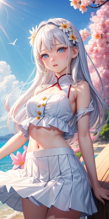 逼真、女の子 1 人、white  hair、Blue eyes、radiant eyes、croptop、skirt by the、Parted lips、red blush、Empty island、florals、suns、sunlights、