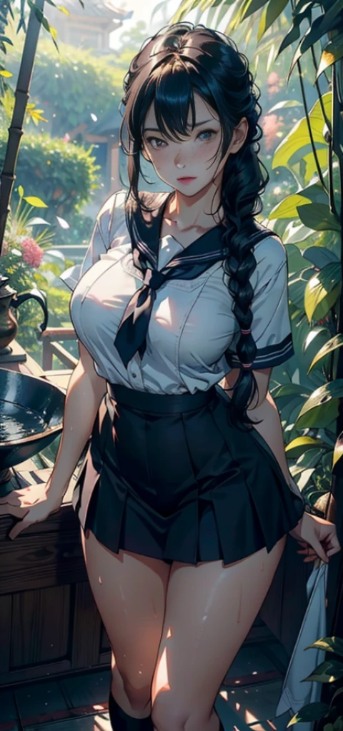 1female,25 age old,Slim,Large breasts,long legeig breasts Thin waist,Pornographic exposure, 独奏,(Background with:bamboo forrest,Stand in a sea of flowers,in summer) She has short black hair,standing on your feet,Sweat profusely,drenched all over the body,seen from the front, Twist braids, mostly cloudy sky,(((tmasterpiece),(Very detailed CG unity 8K wallpaper),best qualtiy,cinmatic lighting,detailed back ground,beatiful detailed eyeright pupils,(Very fine and beautiful),(Beautiful and detailed eye description),ultra - detailed,tmasterpiece,)),facing at camera,A high resolution,ultra - detailed),revealing breastare genitalia, Bulge,Camel toes,Raised sexy,Flushed complexion,Open-mouthed,frontage,atenea,(Wearing:Sailor uniform,Black socks,)nakeness,upper body photos