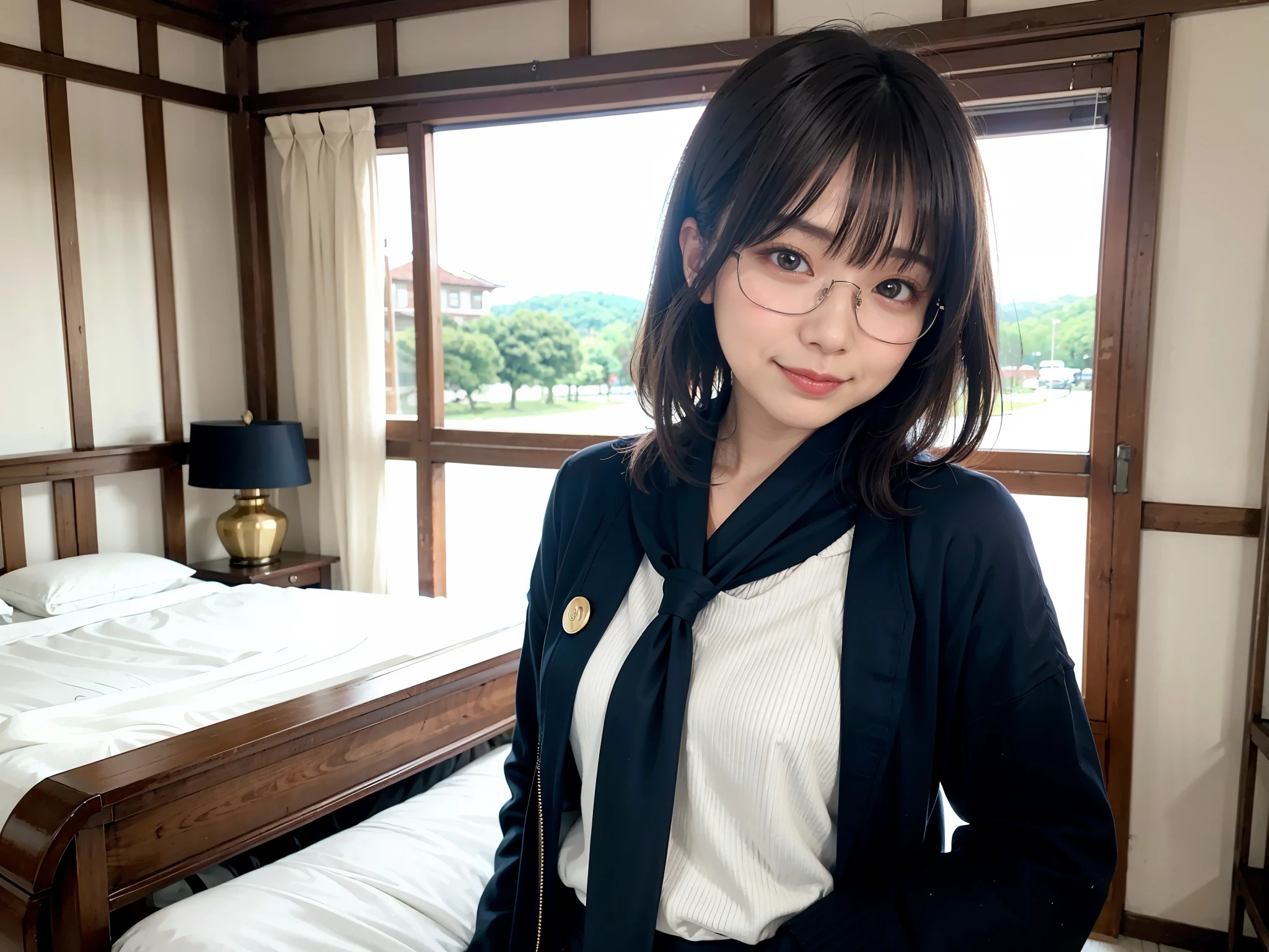 真冬のtag本の街でロングコートを着てポーズをとる女性、She wears a navy scarf around her neck.、top-quality、 1 人、Small chest、tag、发光、blur backgroun、Bokeh、outside of house、(Street:0.8)、Woman with glasses、Glasses with a thin frame、Round lens glasses、Thin golden glasses frame、、Luxury(Short hair、Forehead:1.2)、snowscape、Beautiful sky with details、(dynamicposes:1.2)、 (The upper part of the body:0.5)、Soft lighting、the wind、glowy skin、A smile、Long coat over sweater