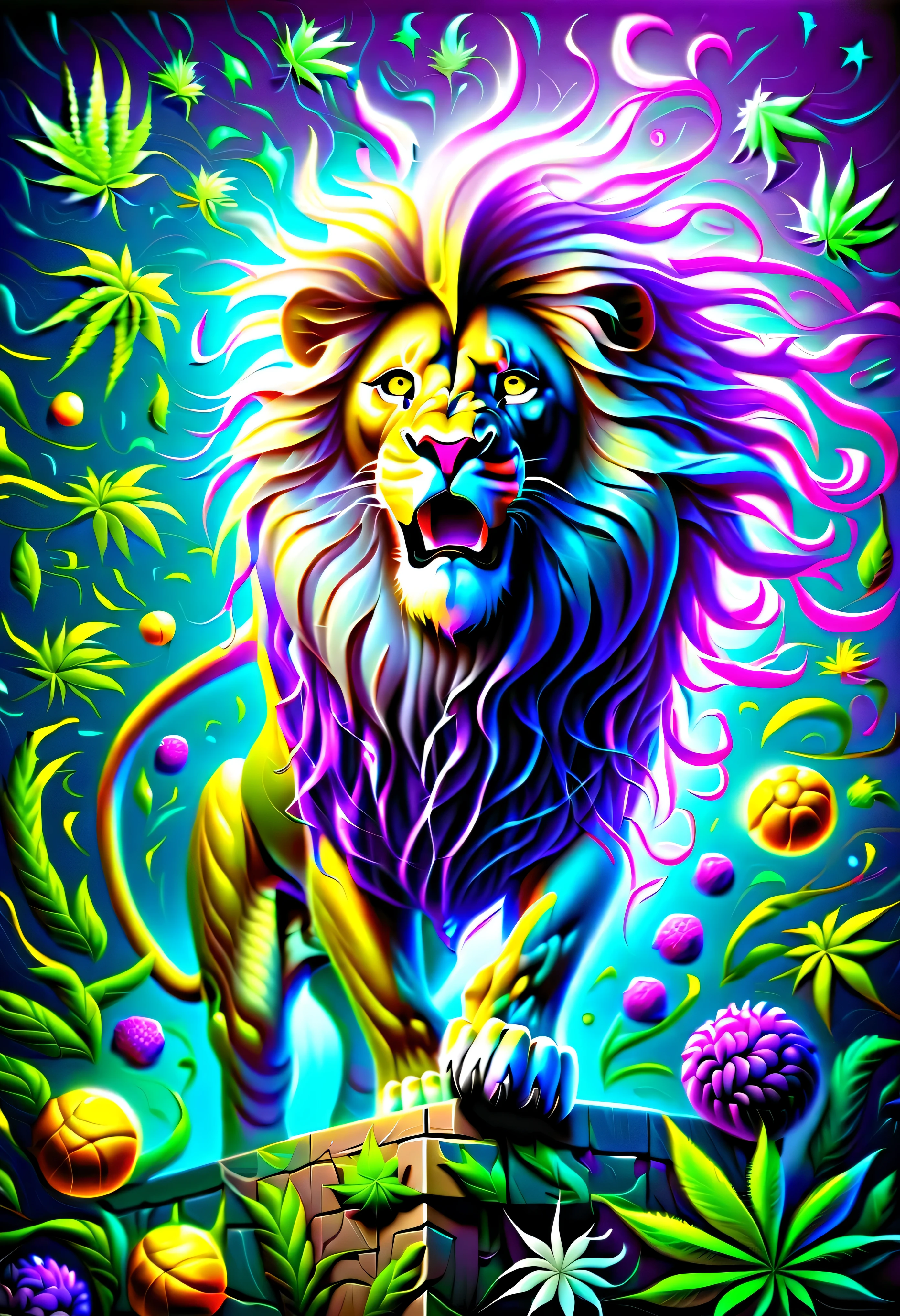 pintura cgi abstrata, epic surreal a full body Lion leaping with divine aura , divino, folhas de cannabis de fantasia sombria, beauty glow neuron fruit, juba dreadlock bioluminescentes ao redor, mundo escuro do mundo maravilhoso, bioluminescent radiation, many smoke have a vision, vision of many cynicisms, loucura, frenesi, flor louca, arrebatamento, brilho do fanatismo, oil painting, spatula and brush strokes supplement, intrincado, maluco, brilho de beleza assustador, Alto contraste, profundidade do mar inspirada, cores escuras ricas, alta pintura cgi abstrata, epic surreal a Lion with divine aura , divino, plantas de fantasia sombria, beauty glow neuron fruit, juba dreadlock bioluminescentes ao redor, mundo escuro do mundo maravilhoso, bioluminescent radiation, many smoke have a vision, vision of many cynicisms, loucura, frenesi, flor louca, arrebatamento, brilho do fanatismo, oil painting, spatula and brush strokes supplement, intrincado, maluco, brilho de beleza assustador, Alto contraste, profundidade do mar inspirada, cores escuras ricas, high resolution, hyper realistic, trabalho de pincel de detalhe, stunning intricate detail rendering in 8k, alta qualidade, qualidade superior, best quality, Verdadeira Obra-Prima, Masterpiece Lighting, cinematic angle, piso de vidro, ( Lion), (very purple neon) resolution, hyper realistic, trabalho de pincel de detalhe, stunning intricate detail rendering in 8k, alta qualidade, qualidade superior, best quality, Verdadeira Obra-Prima, Masterpiece Lighting, cinematic angle, piso de vidro, ( Lion), (very purple neon)