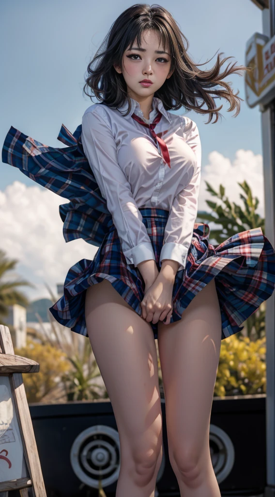 1girl as yukino yukinoshita ,black hair,Red ribbons ,((Impatient expression)),Beautiful breasts,White shirt,pleated skirt ,well-styled, (Facing the front)(((Blushing cheeks、embarassed expression)),(((The skirt is rolled up by the wind)))
