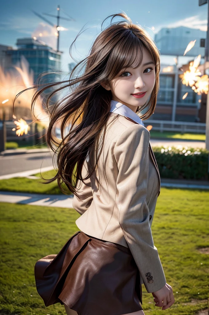 masutepiece, Best Quality, Illustration, Ultra-detailed, finely detail, hight resolution, 8K Wallpaper, Perfect dynamic composition, Beautiful detailed eyes,Natural Color Lip, Random and sexy poses,Looking at the camera,masutepiece, Best Quality, Illustration, Ultra-detailed, finely detail, hight resolution, 8K Wallpaper, Perfect dynamic composition, Beautiful detailed eyes,Medium Hair, Natural Color Lip,Smile,(Wearing a brown school blazer uniform:1.3),(Longhair:1.3),Standing in the park,(The wind blows and lifts up my brown skirt,I can see panties:1.6),cowboys_shot,a 18 year old girl,Backlighting