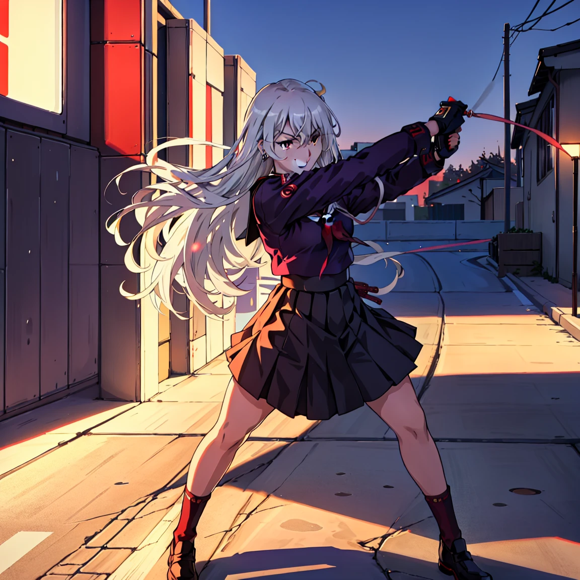 sukeban illyasviel_von_einzbern, mature_female, silver hair, holding yoyo, combat pose, full body, flowing hair, hair between the eyes, asymmetrical hair, red eyes, delicate facial features, sukeban deka clothe, looking_at_viewer, outdoors, background tokyo, ((solo, solo focus, solo girl,1girl))+++++,woman in a 80's sukeban seifuku standing on a set of strees, black school uniform, 80's japanese sukeban photo, sukeban seifuku,  80's japan, sukeban, long black skirt, red converse, full body, light skin tone female, full body, tape, arm_support, gloves, red_gloves, bridal gauntlets, blackred_footwear, fighter outfit, full body, hourglass, mature face, cheeky smile, cheeky face, wrinkles,( silver long hair, earrings, ear piercings), realistic, (fighting art, Martial arts, standing, fighting_stance, fight, fighting), extra colors, 2D, megapixel, perfectionism, accent lighting, full HD , 4K, masterpiece, empty red eyes