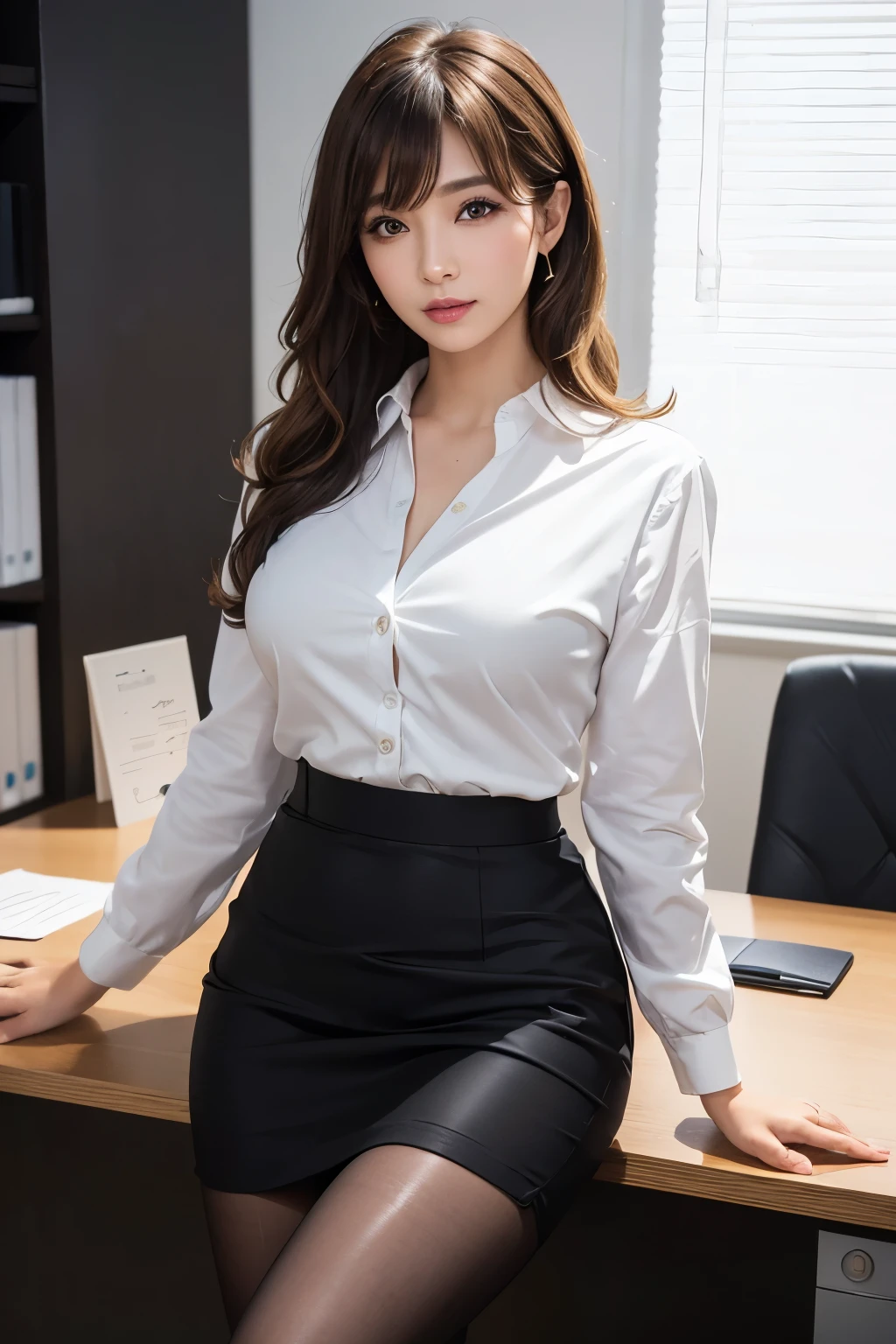 ssmile、A slightly embarrassed look、(detailed skin:1.2),(shiny skin:1.1),8k,best quality, masterpiece, ultra high res,(photorealistic:1.4), RAW photo,(soft saturation:1.3),(fair skin:1.2),1woman,gyaru,makeup,(lipstick:1.1),(eyeliner:1.2),mascara,eyeshadow, glamor, large breasts,blonde hair and brown hair, medium hair, asymmetrical hair, wavy hair, asymmetrical bangs, ,(office lady suit),(office lady),tight skirt,black pantyhose, 会社のs Office、Perfect Lighting, s Office、Looking at the camera