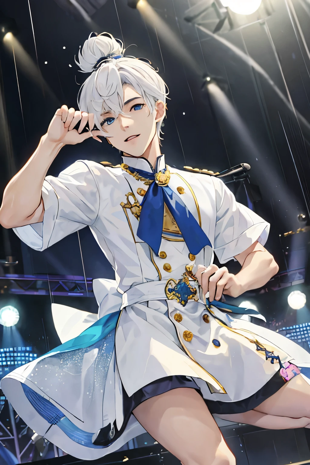 1 male 、About 22 years old、The human、idol、Ginteが降っている、白色のpompadour、Blue eyes、light skinned、tall、idol衣装、Playing live、Ginte〜It's raining、white shirt、Have a microphone、Glitter、GinteーIt's raining、cute little、Hair is white、pompadour、Ginteープ、Playing live、GinteーIt's raining、cute little