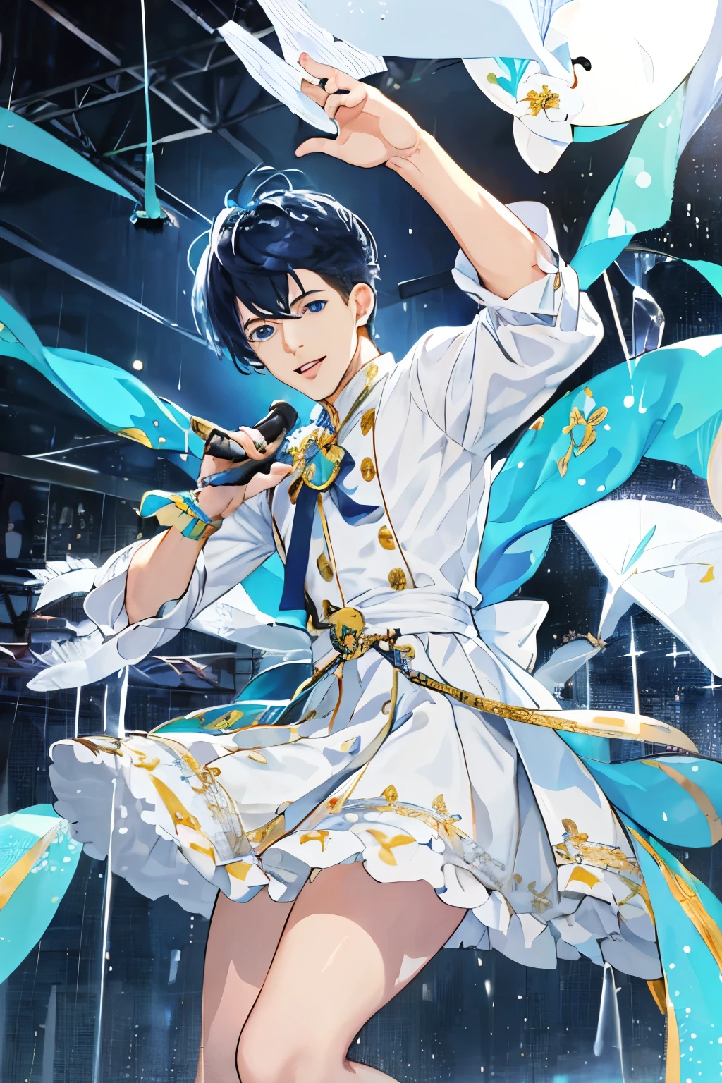 1 male 、About 22 years old、The human、idol、Ginteが降っている、白色のpompadour、Blue eyes、light skinned、tall、idol衣装、Playing live、Ginte〜It's raining、white shirt、Have a microphone、Glitter、GinteーIt's raining、cute little、Hair is white、pompadour、Ginteープ、Playing live、GinteーIt's raining、cute little