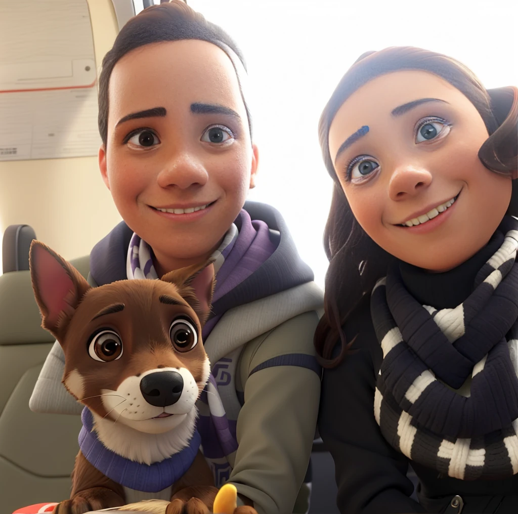 Una mujer joven, morena, con los ojos marrones y bonitos, con una bufanda negra y blanca esta sonriendo y feliz junto a un hombre joven con los ojos marrones bonitos, sin ojeras, efeitado, sonriendo, que sujeta un perro con la cara marron y el cuerpo negro. Todos posan para la foto sentados en un tren.