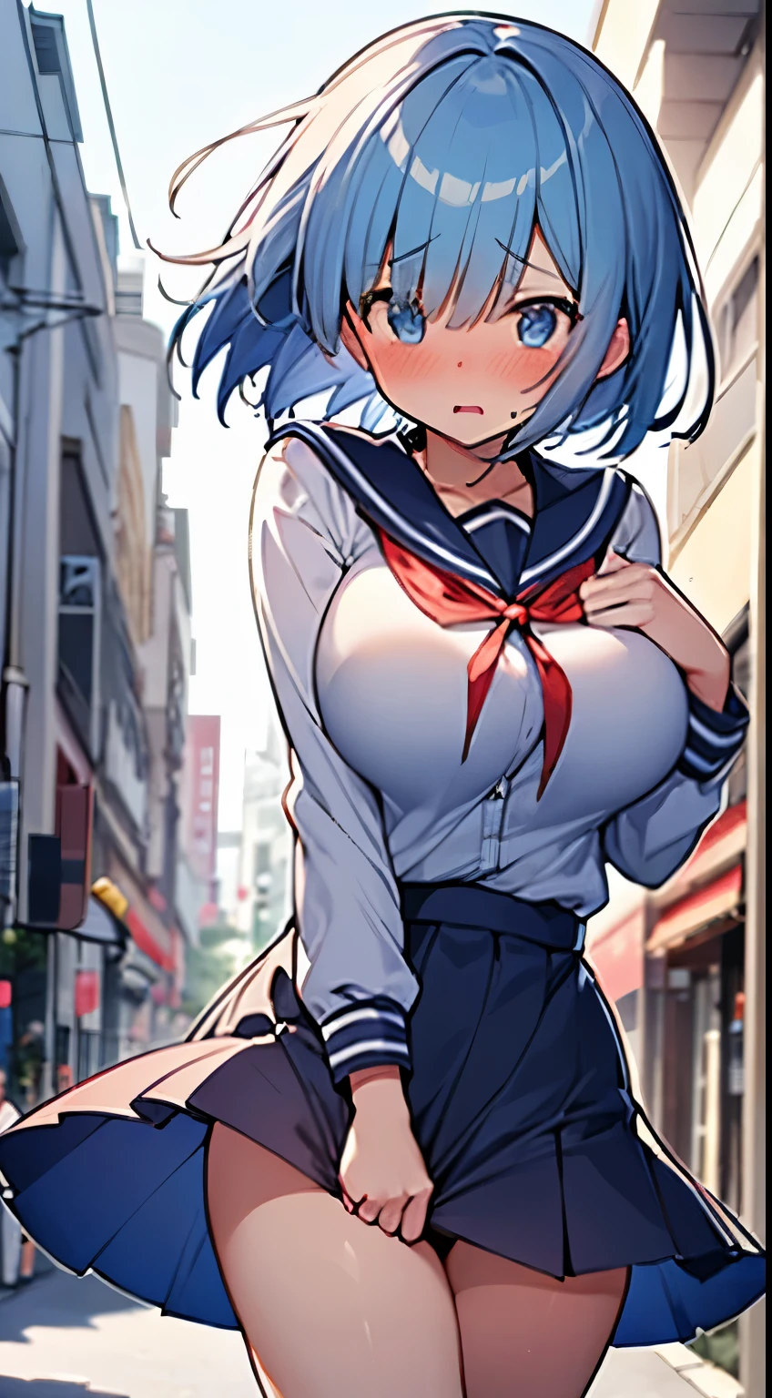 1womanl,Blue hair,Beautiful hands、In the street、Bustling street、Crowds、main street、Red ribbons ,((Surprised look)),Beautiful breasts,very Bigger breasts、Blue eyes、huge tit、a sailor suit,blue pleated skirt very short pleated skirt,well-styled,Slender thighs,beautiful legs、(Facing the front)(((Blushing cheeks、embarassed expression)),(((The skirt is rolled up by the wind)))、Long bob cut、Rem of Rezero、The shape of a woman's private parts is clearly visible、Female genitals visible through the skirt、No panties、No panties、No bra、Black pantyhose