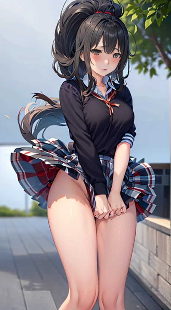 1girl as yukino yukinoshita ,black hair,Red ribbons ,((Impatient expression)),Beautiful breasts,White shirt,pleated skirt ,well-styled, (Facing the front)(((Blushing cheeks、embarassed expression)),(((The skirt is rolled up by the wind)))