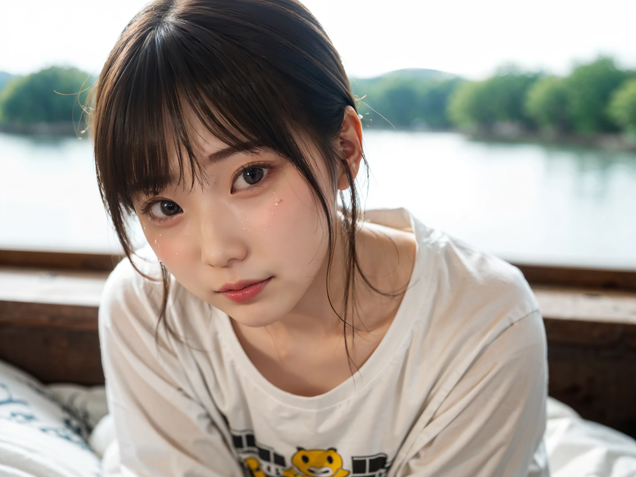 Japan girl in long sleeve t-shirt、nattaのホテルのベッドに寝ている、looking at the viewers、(top-quality、masterpiece)))、hight resolution、ighly detailed、masterpiece、电影灯光、(8K、top-quality、masterpiece:1.2)、(realisitic、Photorealsitic:1.37) Hi-Res、The ultra-detailliert、1girl in 、asian human, cute little, cute little顔, 独奏, shorth hair1.2, Textured skin, 美しい詳細なnattaの空, nattaの風景, 电影灯光, depth of fields, Lens flare light、sitting on、Dating、(blush nose)、(Crying face:1.15)、My eyes are moist、Red Eyes、Even though my face is red'not closed.)tiny chest、beautiful finely detailed eyes、natta、(shorth hair:1.2)、Floating hair Nova frog style、I'm crying、Crying face