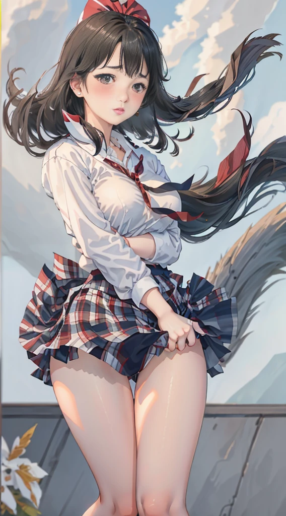 1girl as yukino yukinoshita ,black hair,Red ribbons ,((Impatient expression)),Beautiful breasts,White shirt,pleated skirt ,well-styled, (Facing the front)(((Blushing cheeks、embarassed expression)),(((The skirt is rolled up by the wind)))