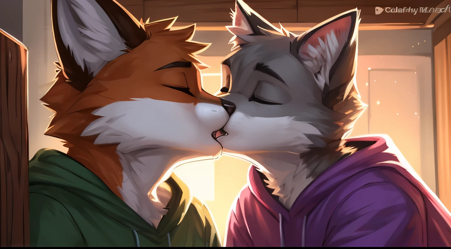 (vertical view:1.5), assisted exposure, explict content, uploaded on e621, (extremely detailed:1.3), 2boys, 2species duo, (duo focus:1.2), (kissing:1.3), (furry body), (male:1.5), (a lot of fur), (emotional:1.4), (leaning against object:1.4) furry, fox with yellow fur, cat with gray fur, hand holding couple, cat kissing fox, femboy, (causal exposure:1.6), (fur:1.7), 2boys, cat, inside a room, fox, sparkles, teeth, open mouth, hug tightly, Masterpiece, best quality, passionate kiss, fox kissing with a cat, detailed lighting, detailed body, detailed fur, detailed, high stockings, fox with green sweatshirt, cat with purple sweatshirt, by Zackary911,
