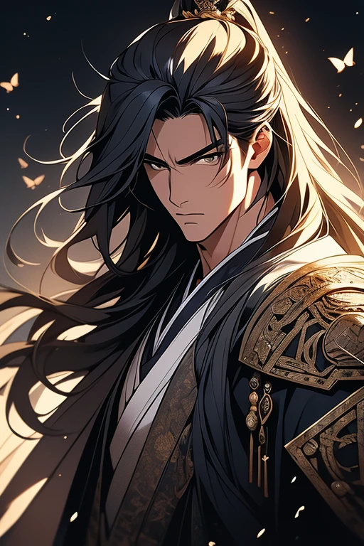 of a man, malefocus,cabelos preto e longos, wearing a hanfu,The hair is neat, at the battlefield. Thousands of troops, , , butterflys, Siege equipment, Ancient background, ancient wind , exquisite facial features, cool colours, the complex background, beatiful background, Movie 4K, Very meticulous, tmasterpiece
