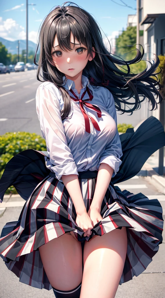 1girl as yukino yukinoshita ,black hair,Red ribbons ,((Impatient expression)),Beautiful breasts,(White shirt:1.2) black knee high socks,pleated skirt ,well-styled, (Facing the front)(((Blushing cheeks、embarassed expression)),(((The skirt is rolled up by the wind)))