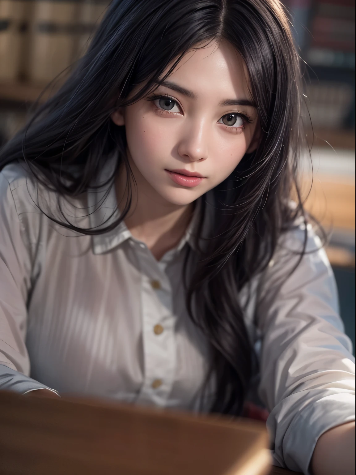 solo, womsn, detaild beautifu face and eyes, long sleeve shirt and skirt, doing clerical work at the office, black hair, long hair, floating hair, shiny hair, jewelry, light smile, cinematic lighting, jpeg artifacts, Eye-Level Shot, drop shadow, depth of field, Ghibli-like colours, hyperrealism, masterpiece, retina, ccurate, best quality, highres, 4K, super detail