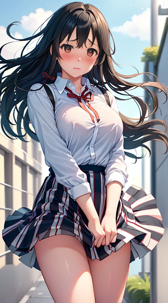 1girl as yukino yukinoshita ,black hair,Red ribbons ,((Impatient expression)),Beautiful breasts,(White shirt:1.2) black knee high socks,pleated skirt ,well-styled, (Facing the front)(((Blushing cheeks、embarassed expression)),(((The skirt is rolled up by the wind)))