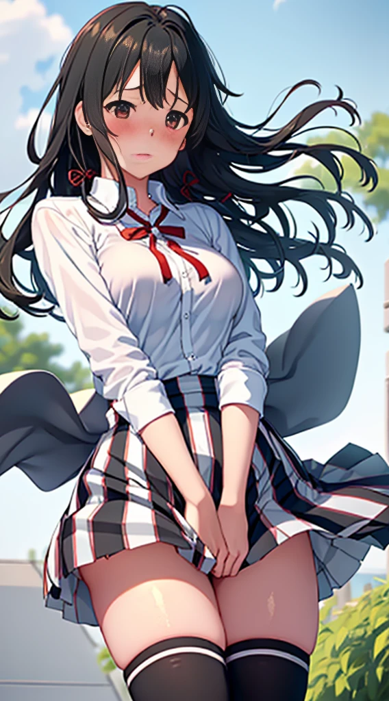 1girl as yukino yukinoshita ,black hair,Red ribbons ,((Impatient expression)),Beautiful breasts,(White shirt:1.2) black knee high socks,pleated skirt ,well-styled, (Facing the front)(((Blushing cheeks、embarassed expression)),(((The skirt is rolled up by the wind)))